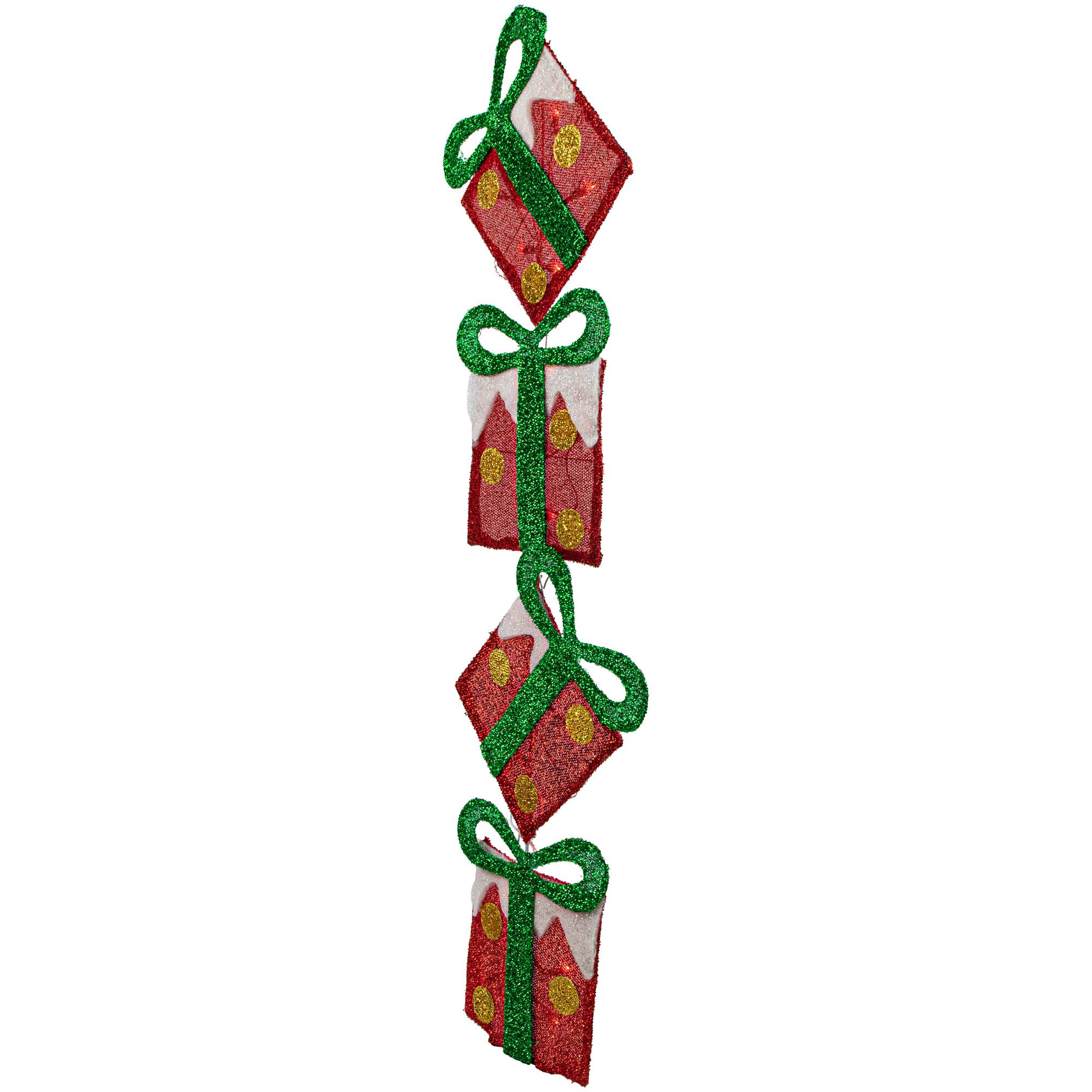 43&#x22; Lighted Red Polka Dot Tinsel Stacked Flat Gift Box Yard Art Decoration