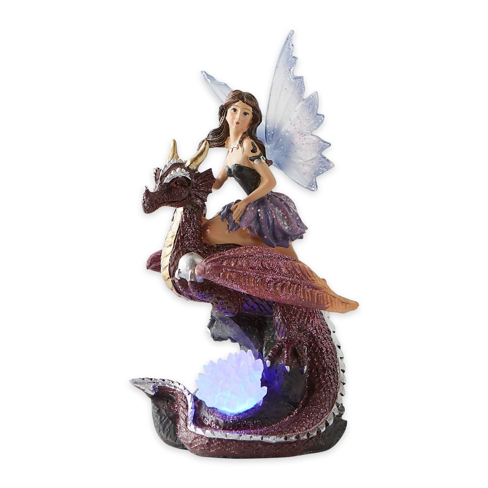 Fairy Riding Dragon Figurine With Light-Up Crystals 4.5" x 4" x 7.5"