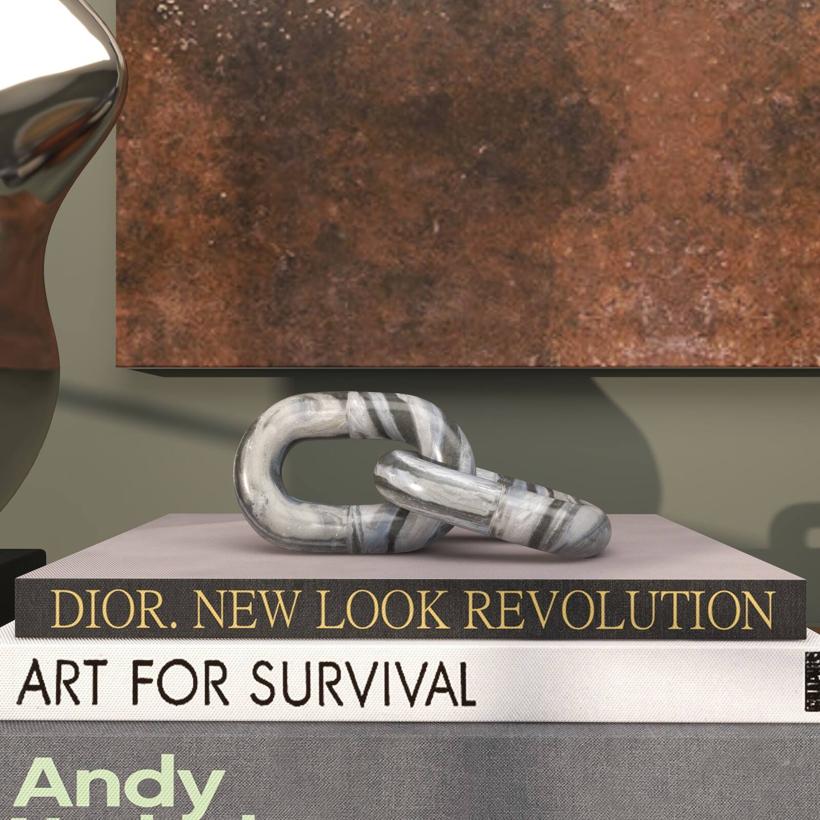 9" Gray Marble Geometric 2 Link Chain Sculpture Décor