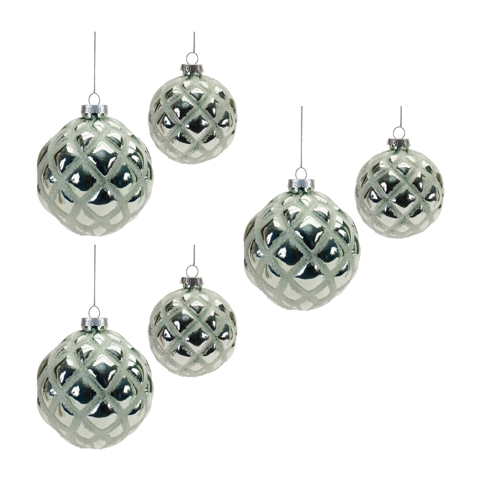 Green Beaded Harlequin Glass Ball Ornaments Set