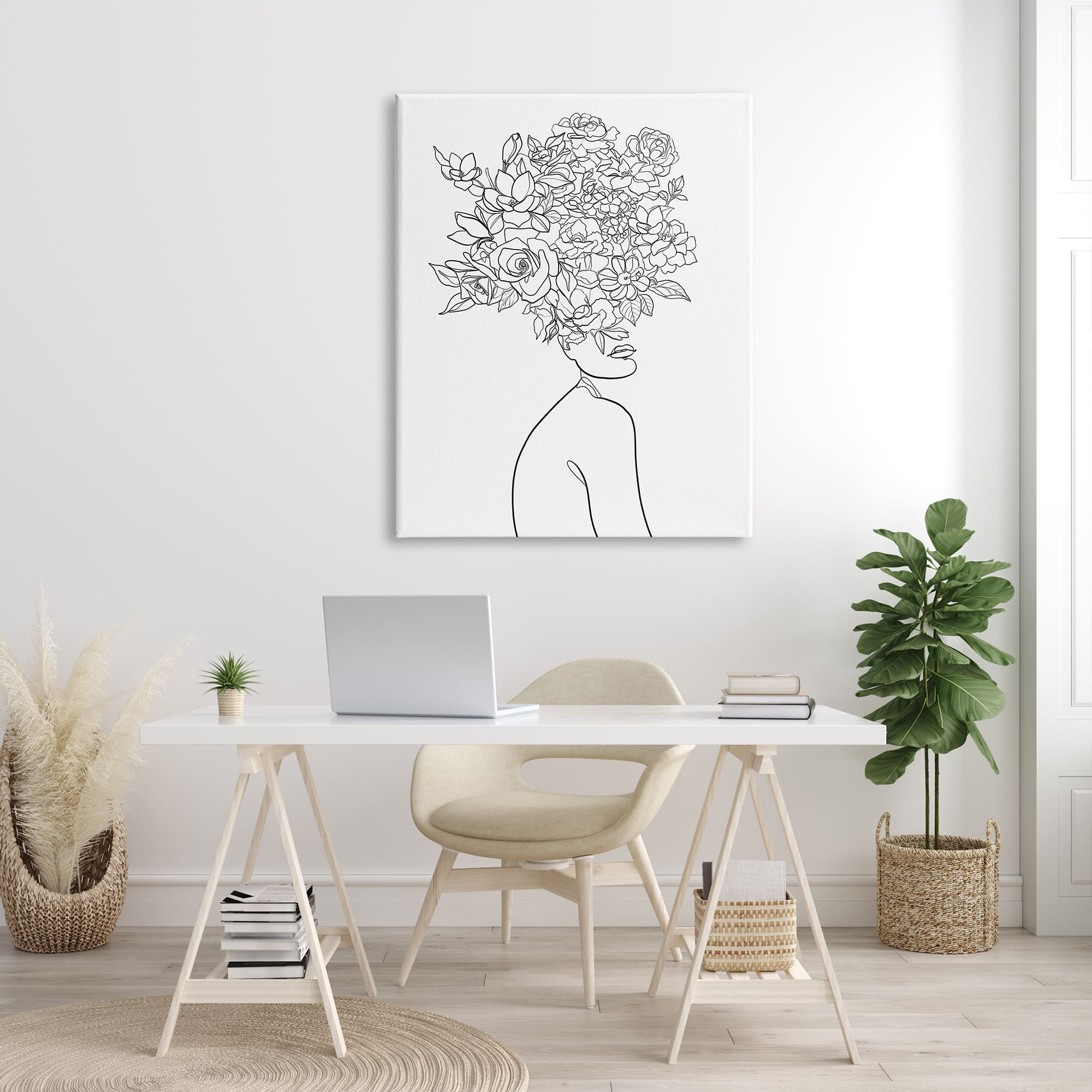 Stupell Industries Slouching Woman Elegant Bouquet Hair Minimal Linework Canvas Wall Art