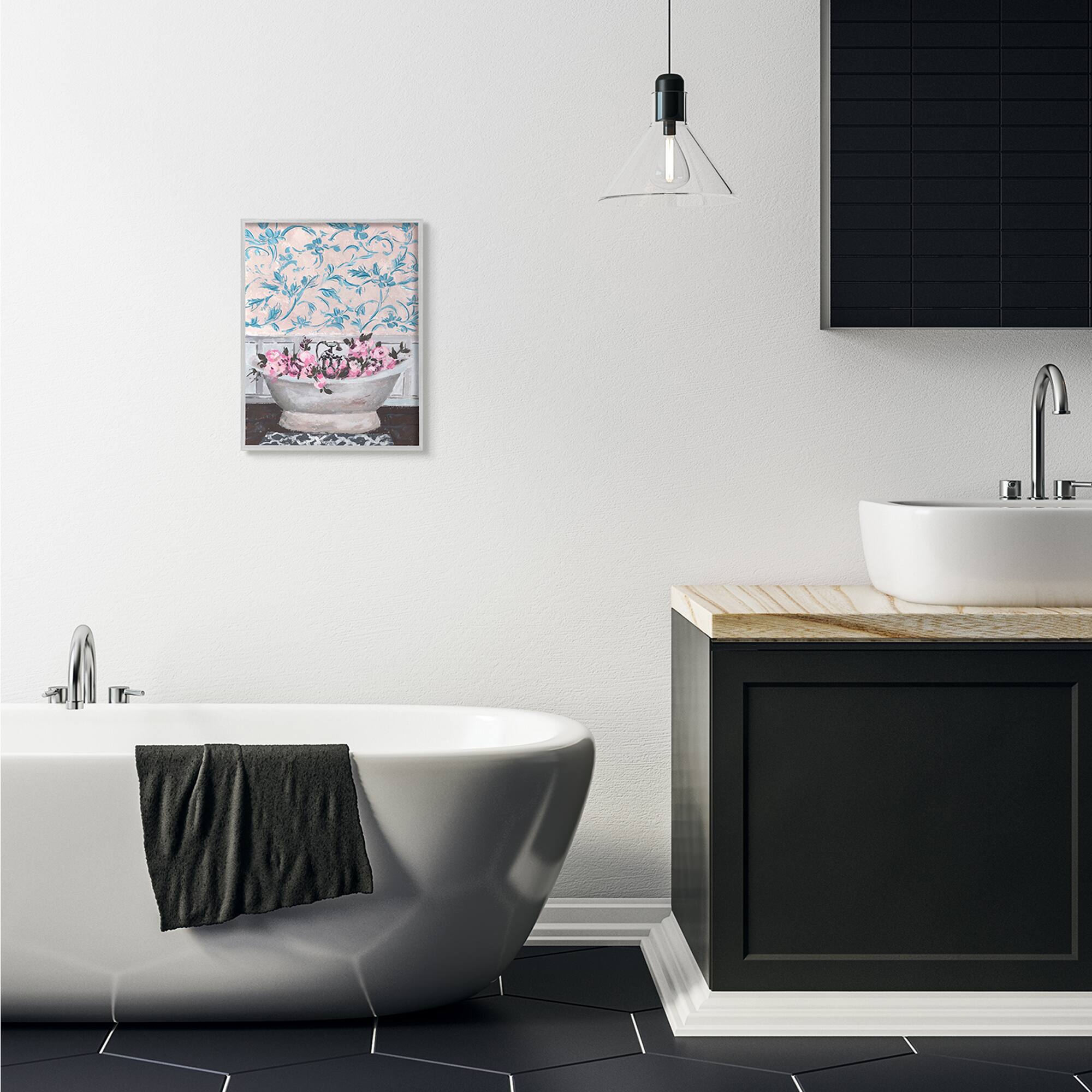 Stupell Industries Flowers In Bath Tub Pink Wall Art in Gray Frame