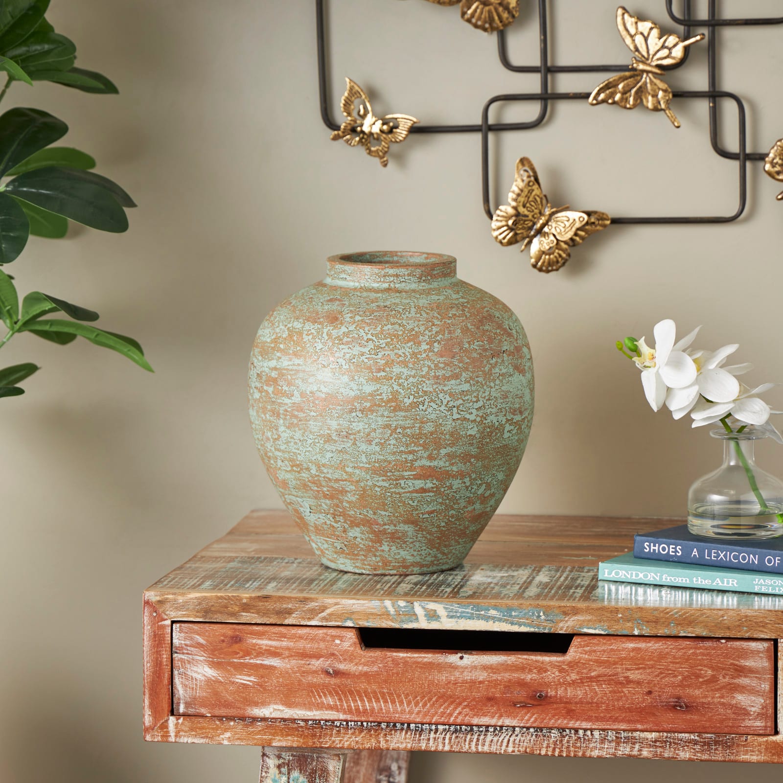 Brown Ceramic Antique Style Textured Patina Vase