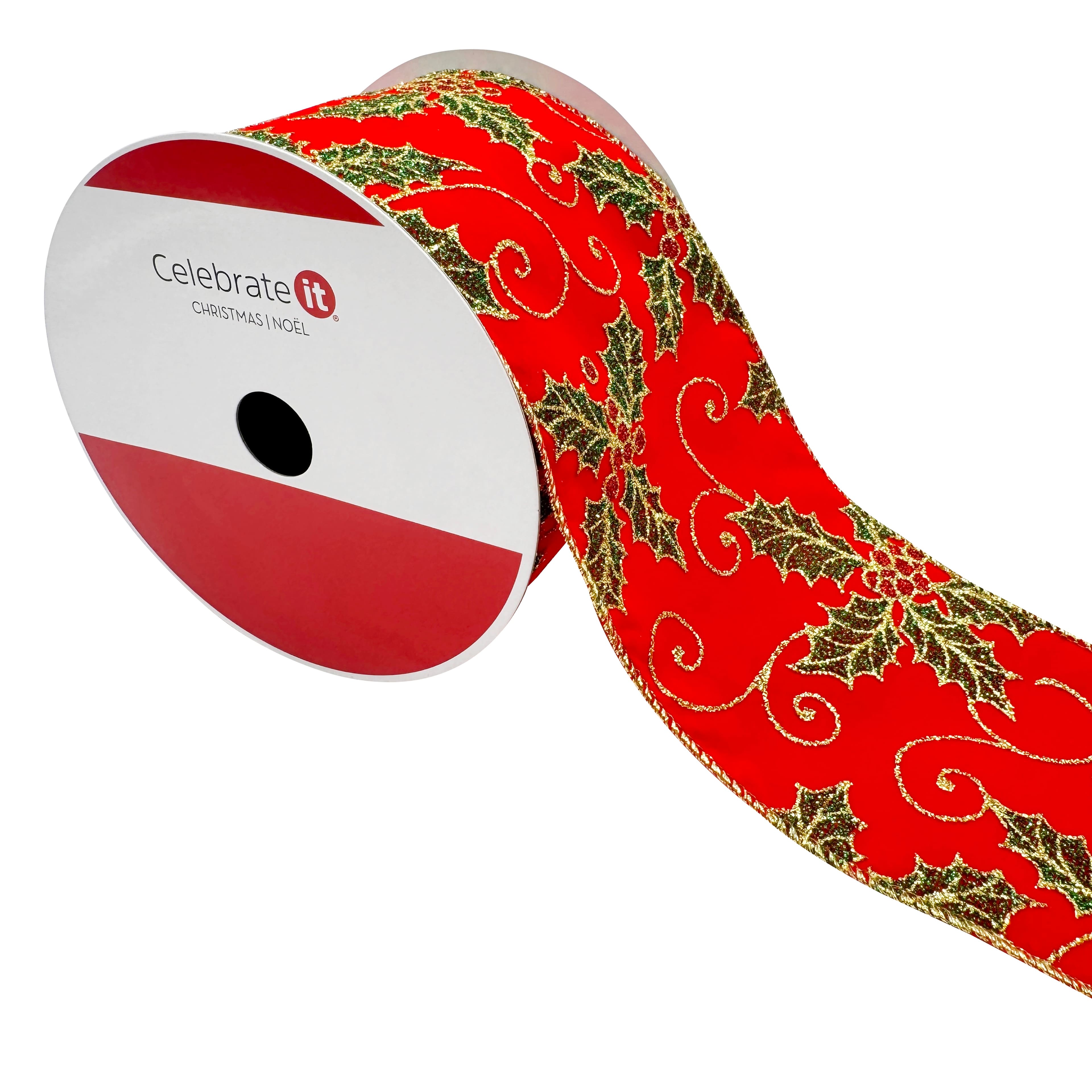 3.5&#x22; x 25ft. Red Glitter Holly Wired Ribbon by Celebrate It&#xAE;