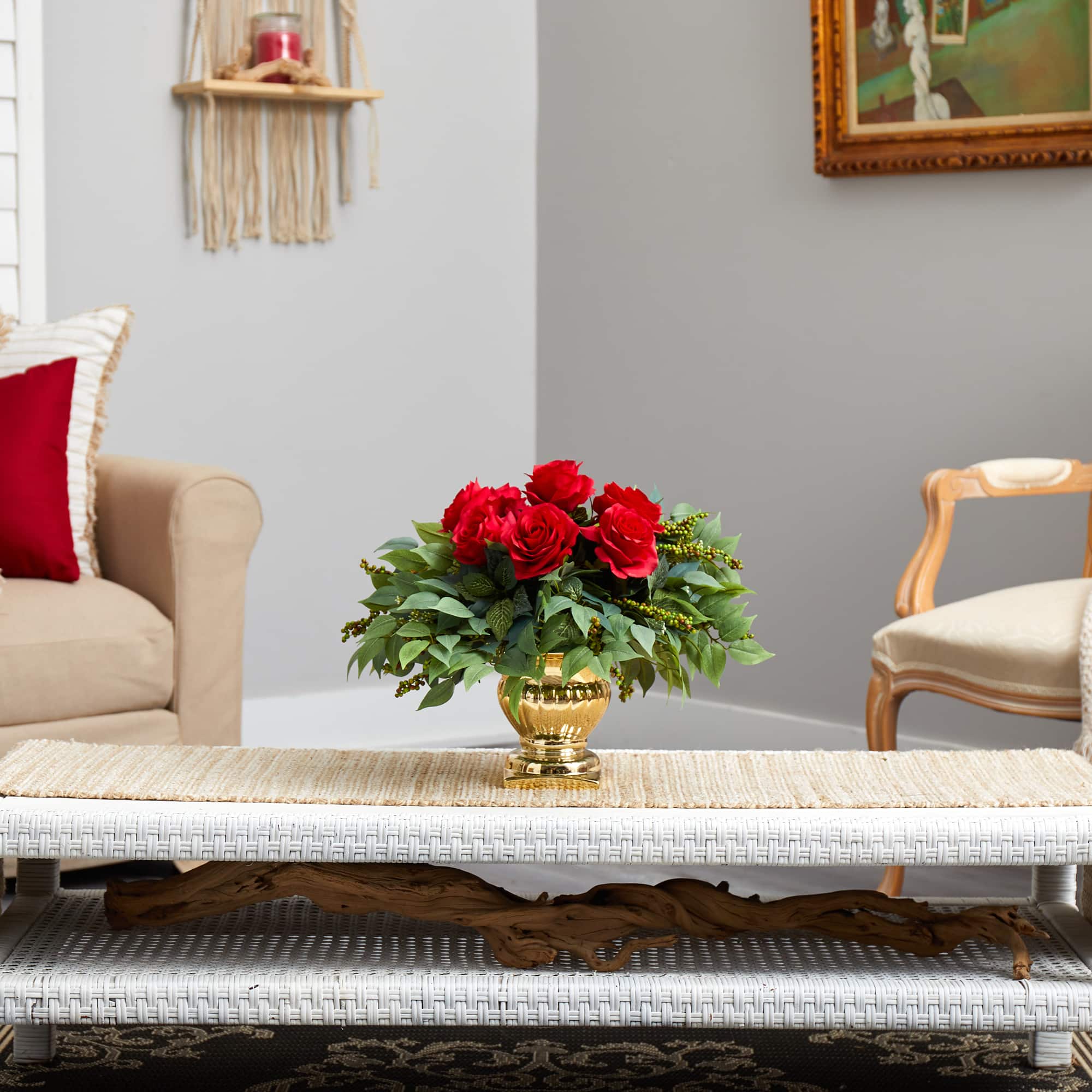 14&#x22; Red Rose Floral Arrangement in Gold Urn 