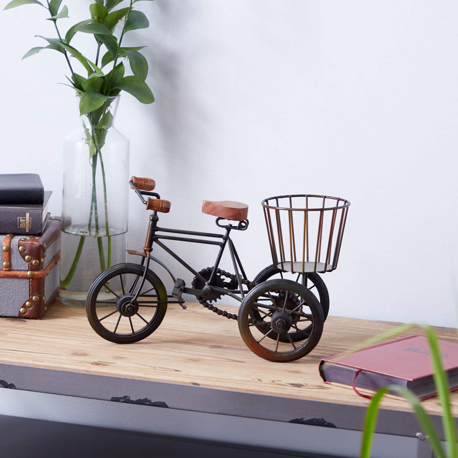 12&#x22; Vintage Brown Metal &#x26; Wood Tricycle Sculpture