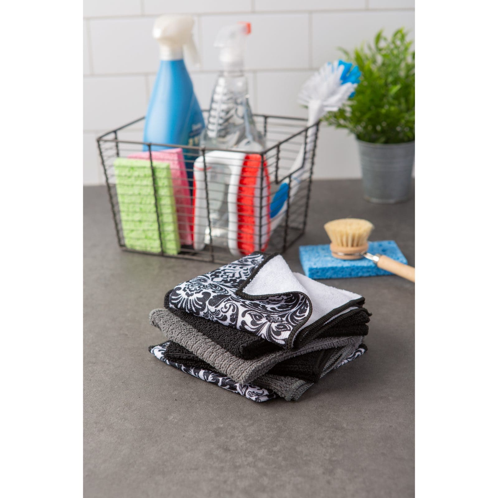 DII® Black Microfiber Damask Dishcloth Set