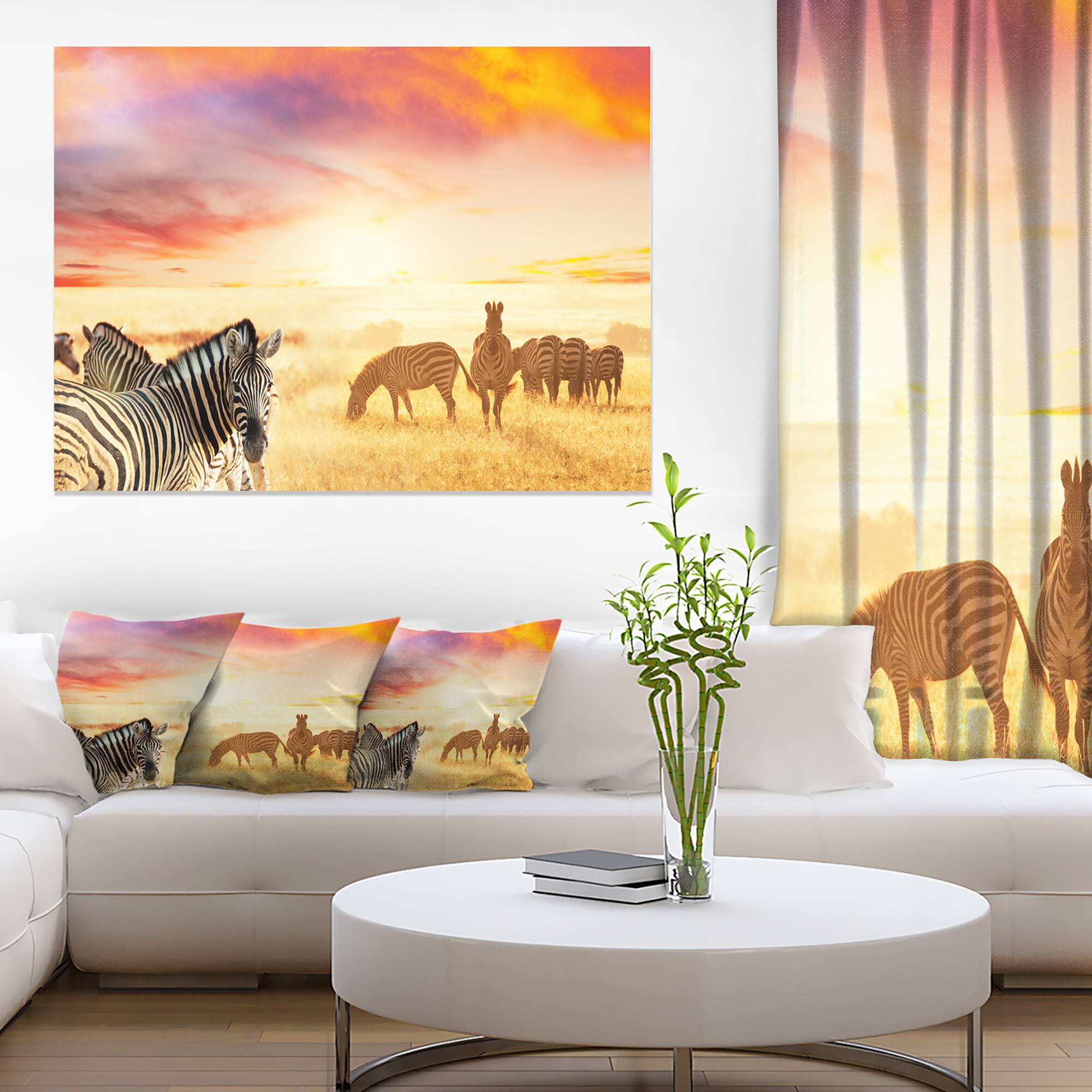 Designart - Cute Zebras Grazing in Grassland - Animal Canvas Art Print