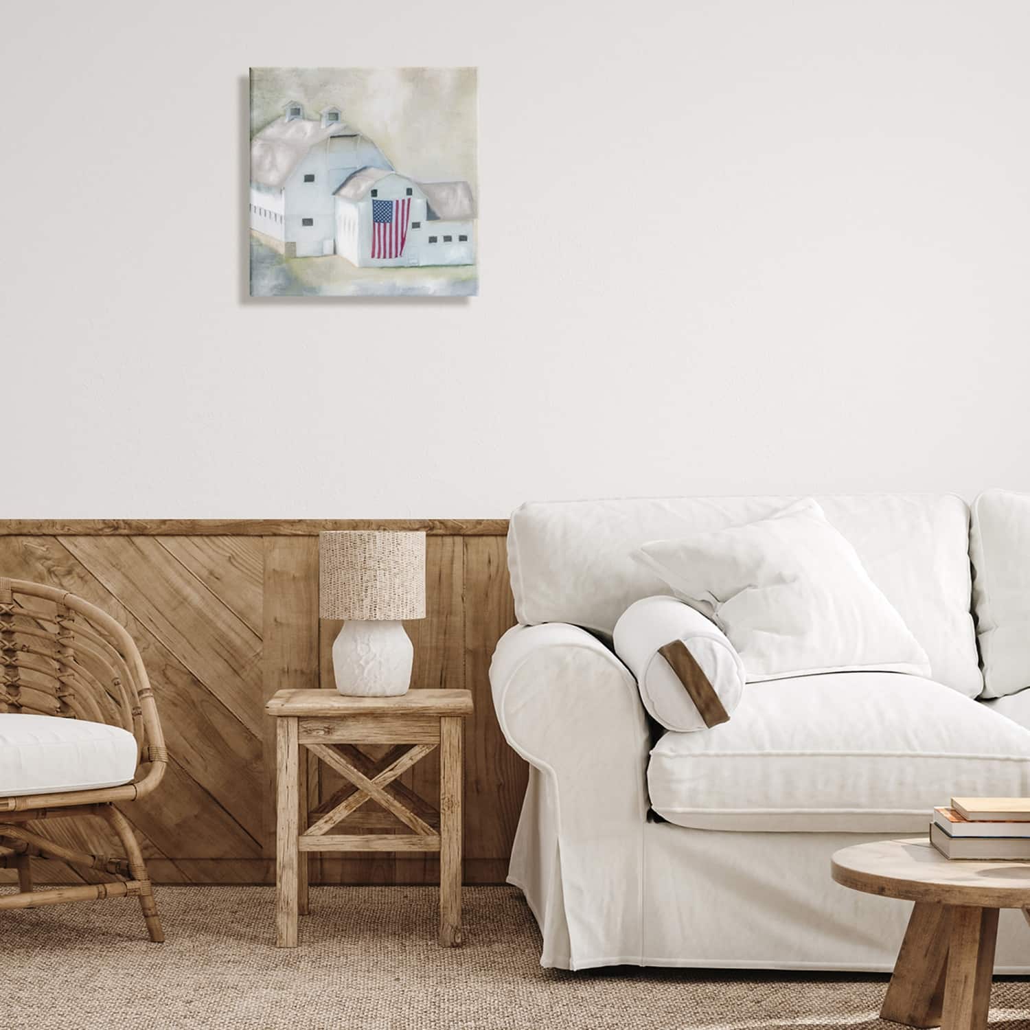 Stupell Industries American Flag White Farmhouse Barn Rural Countryside Canvas Wall Art