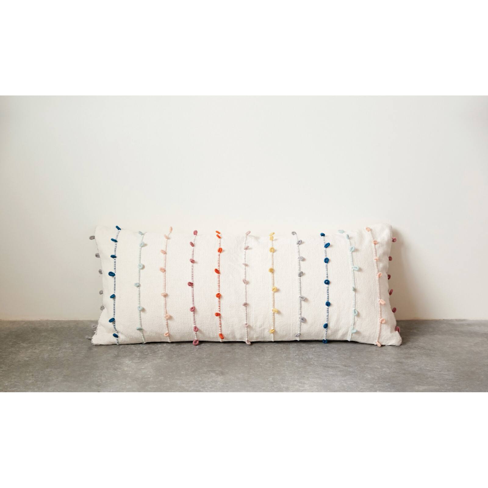 Hello Honey® White Cotton Pillow with Multicolor Embroidered Loop Stripes