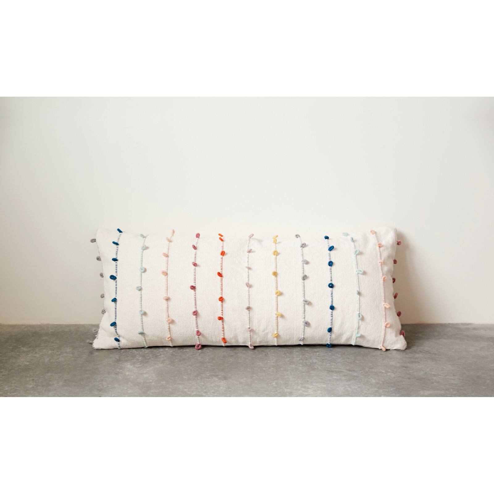 White Cotton Pillow with Multicolor Embroidered Loop Stripes