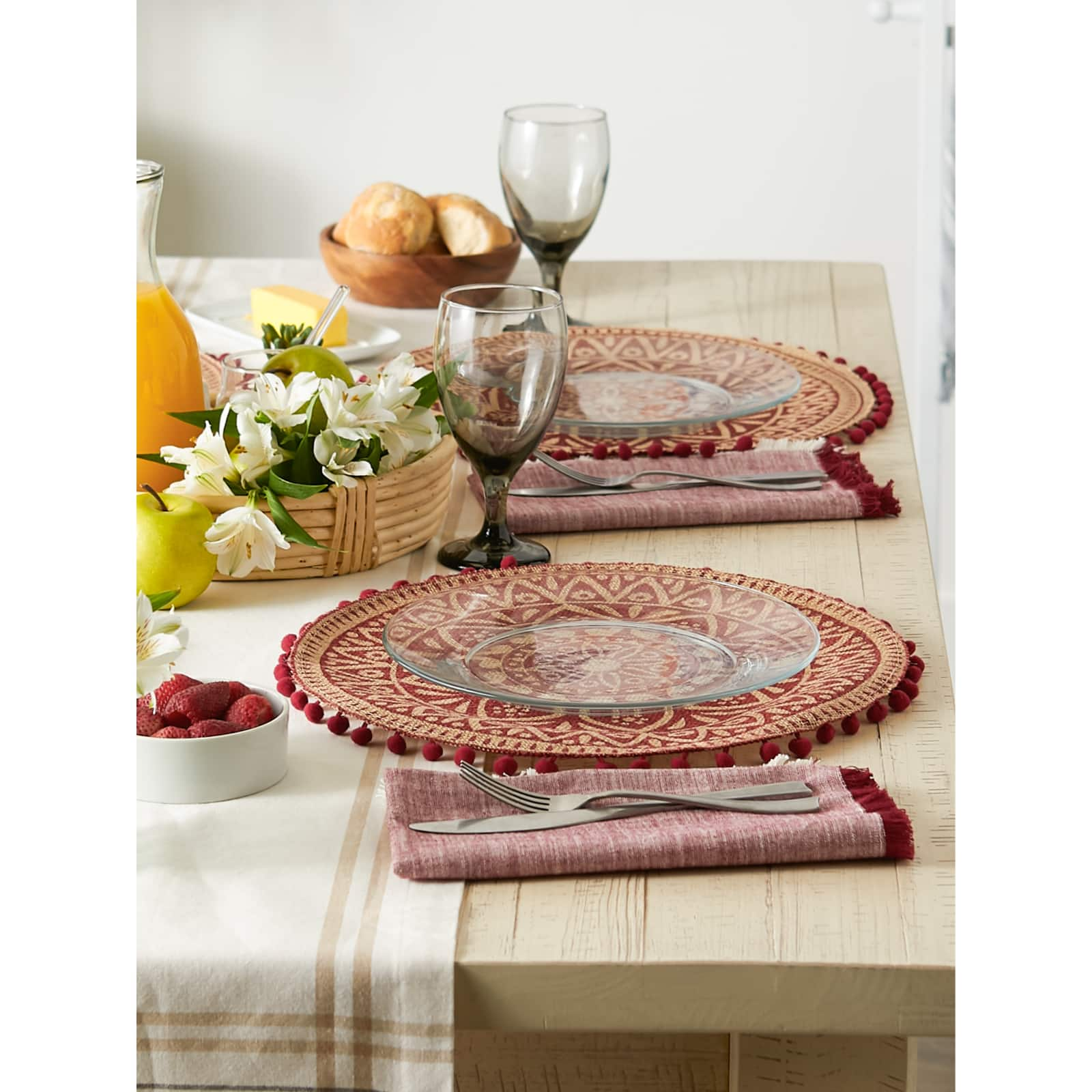 Barn Red Block Print On Natural Round Jute Placemat (Set of 6)