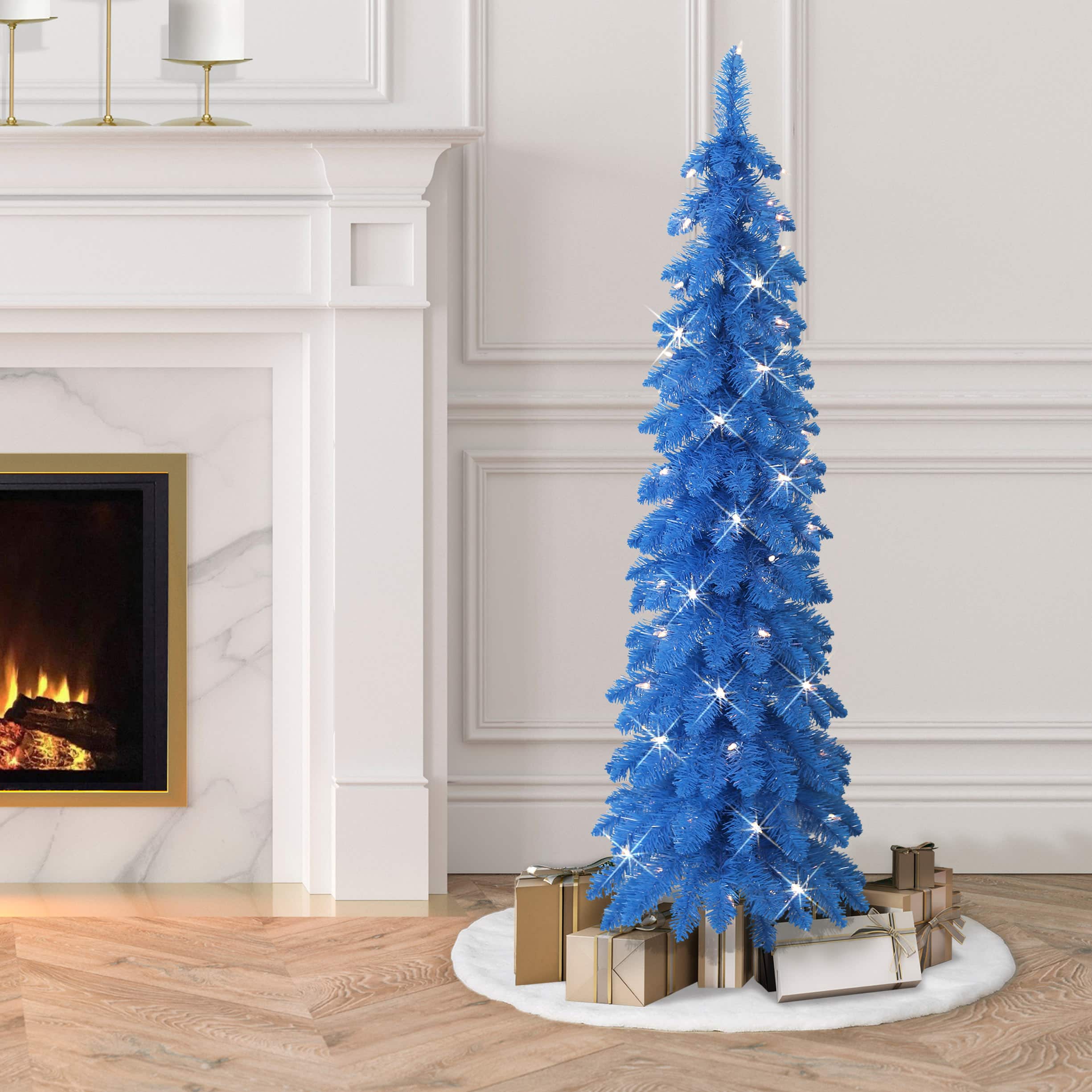 4ft. Pre-Lit Blue Artificial Alpine Pencil Tree, Clear Lights
