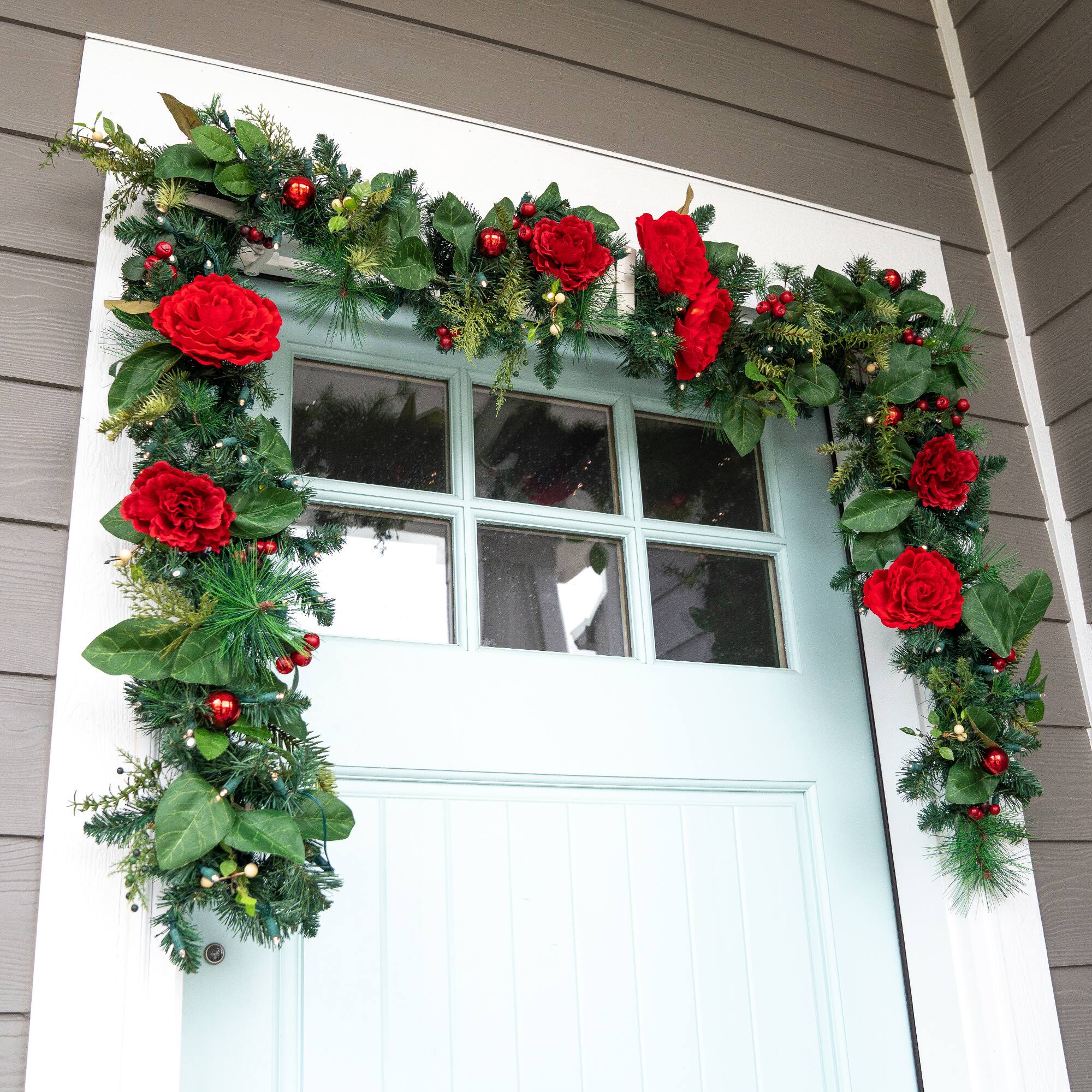 Village Lighting 9ft. Pre-Lit LED Red Peonies & Berry Garland