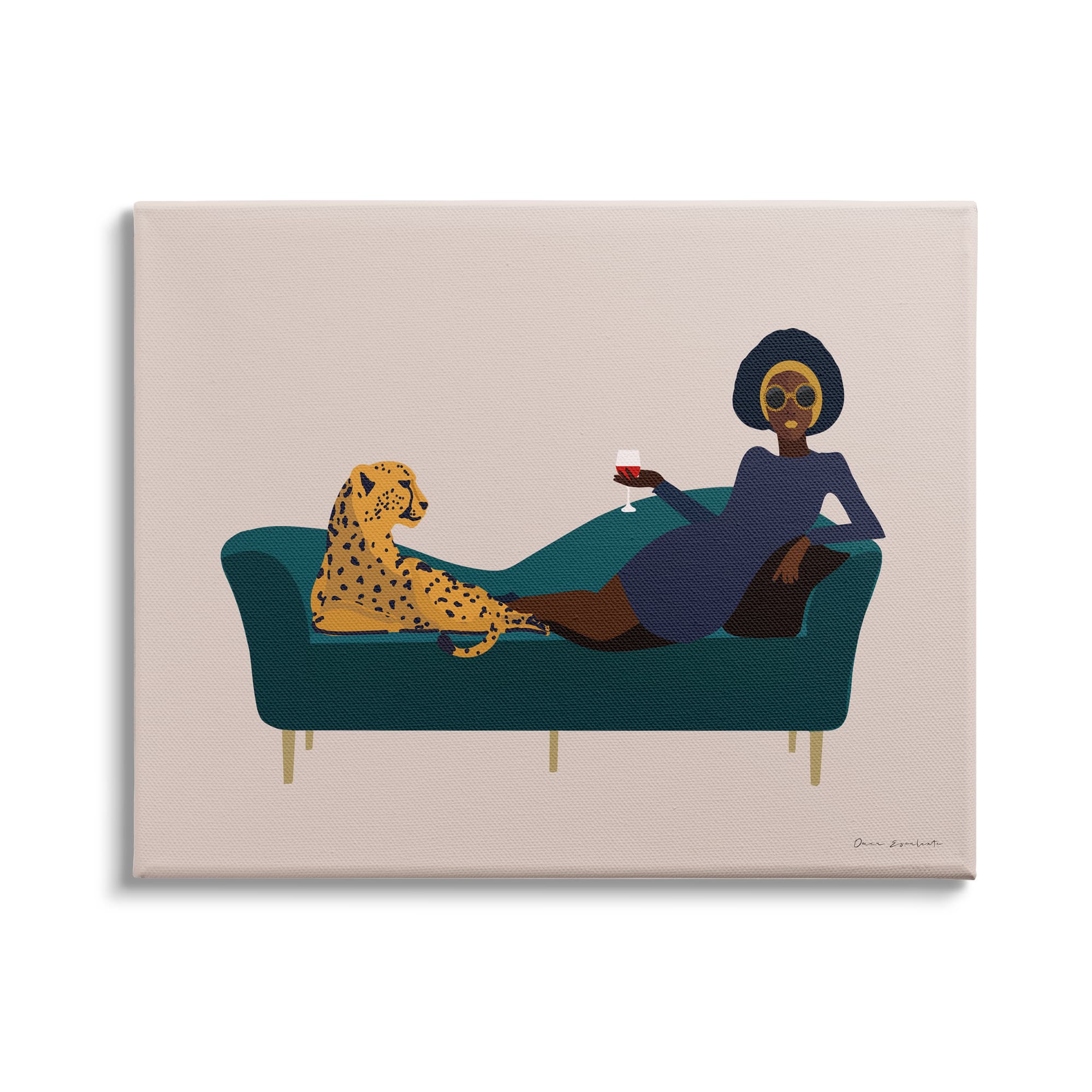 Stupell Industries Modern Fashion Female Wine Glass Cheetah Animal Couch Canvas Wall Art