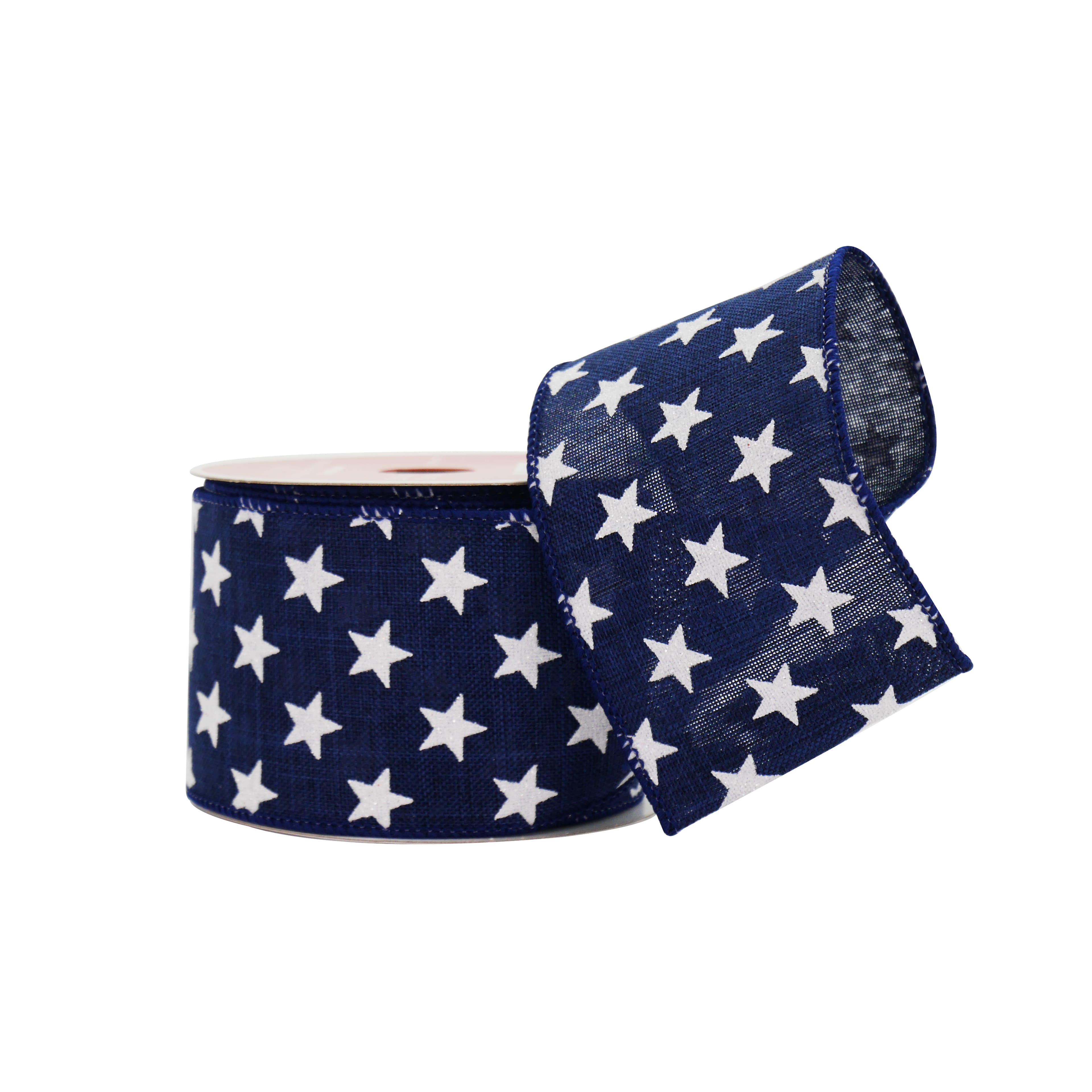 2.5&#x22; x 20ft. Navy &#x26; White Stars Wired Faux Linen Ribbon by Celebrate It&#xAE; Red, White &#x26; Blue