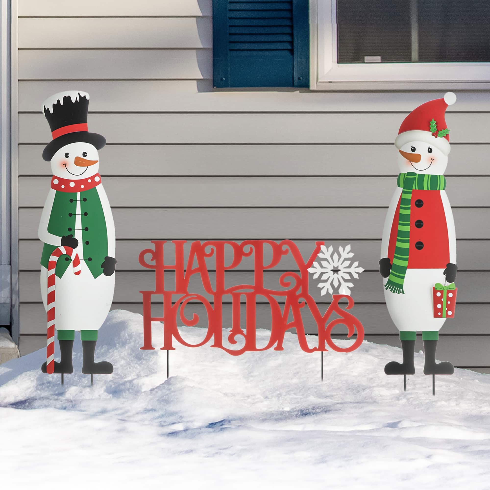 Glitzhome&#xAE; Metal Snowmen &#x26; Happy Holidays Yard Stake Set