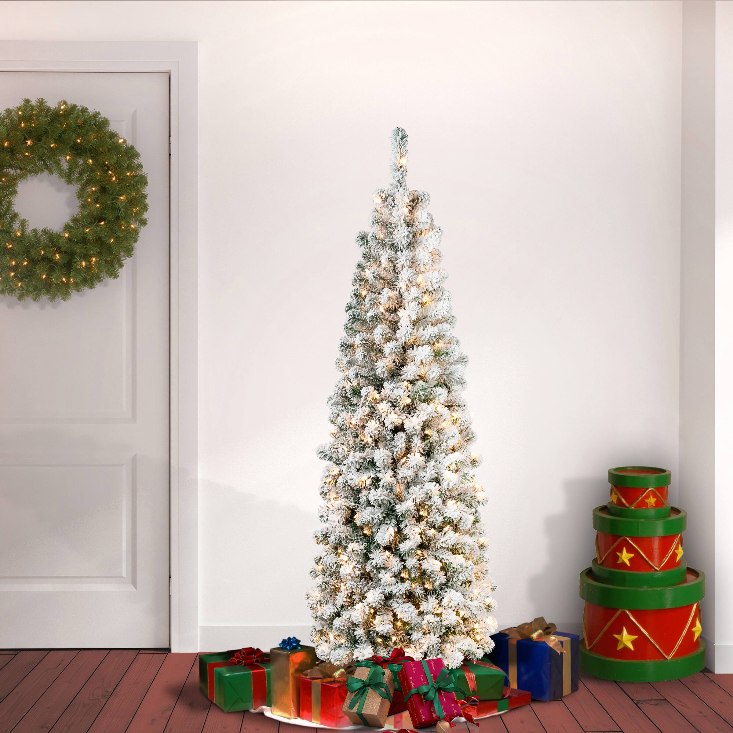 6ft. Acacia Pencil Slim Flocked Artificial Christmas Tree, Clear Lights