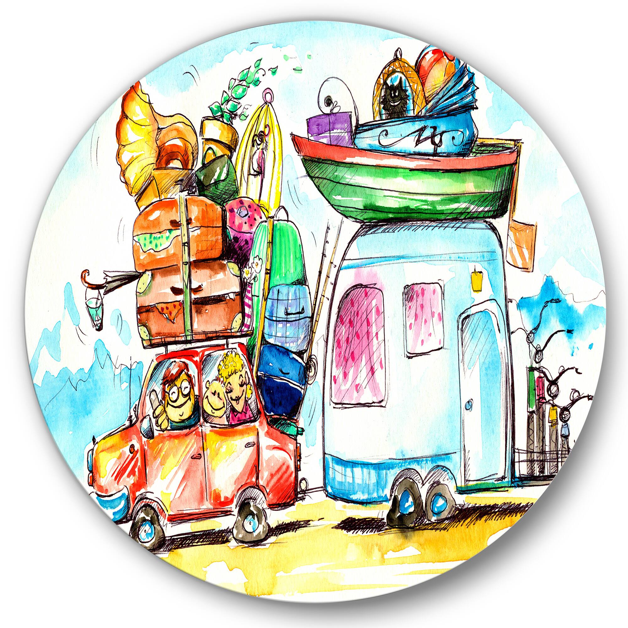 Designart - Family Travel With Caravans - Farmhouse Metal Circle Wall Art