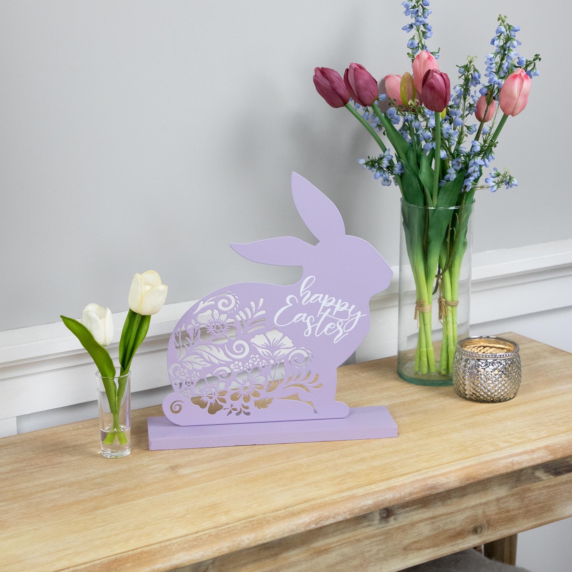 13&#x22; Happy Easter Floral Cut-Out Bunny D&#xE9;cor