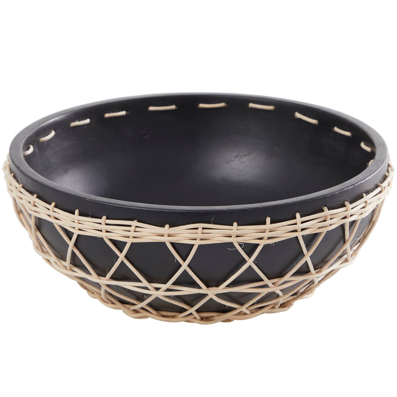 12" Black Mango Wood Handmade Decorative Bowl with Woven Rope Accents