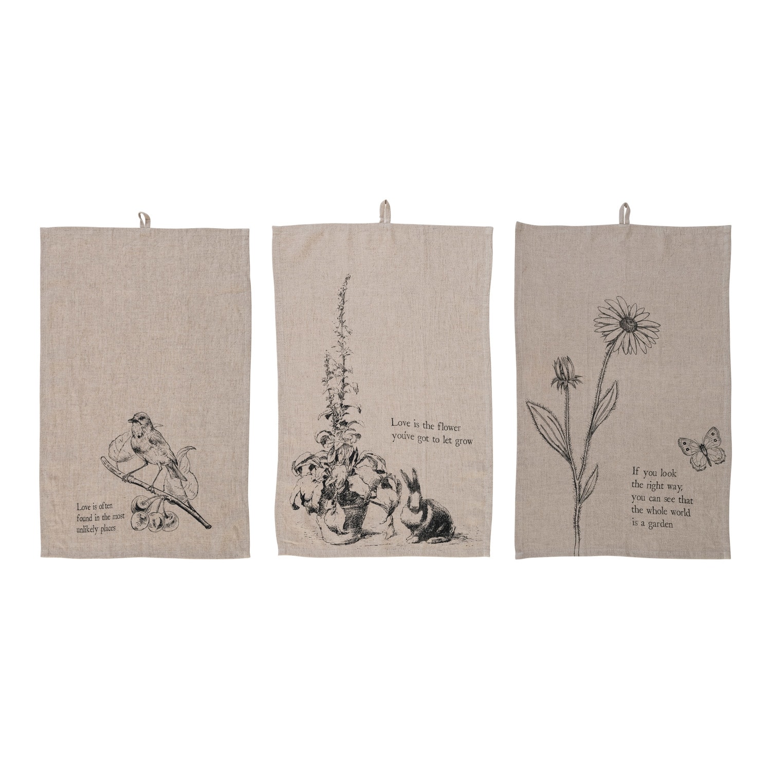 Nature &#x26; Text Prints Linen Blend Decorative Tea Towels with Loops Set