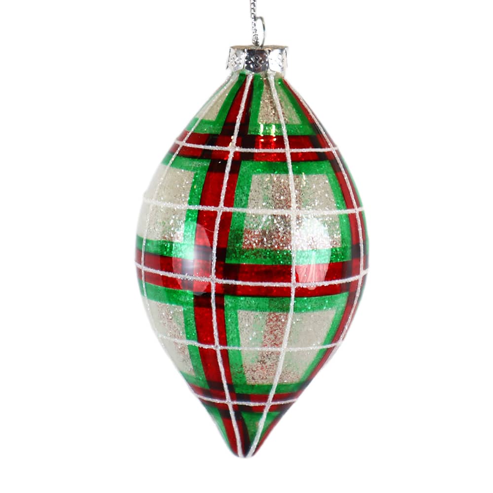 5.75&#x22; Red &#x26; Green Glitter Plaid Glass Teardrop Ornament by Ashland&#xAE;