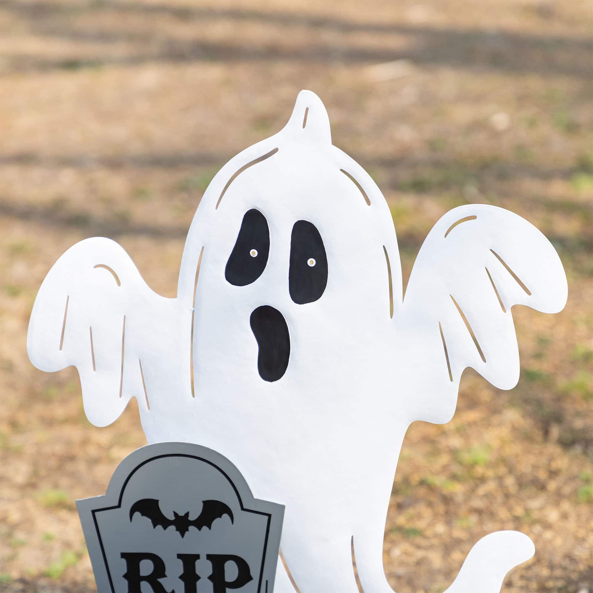 Glitzhome&#xAE; 32.25&#x22;H Lighted Halloween Metal Ghost Tombstone Yard Stake with Timer