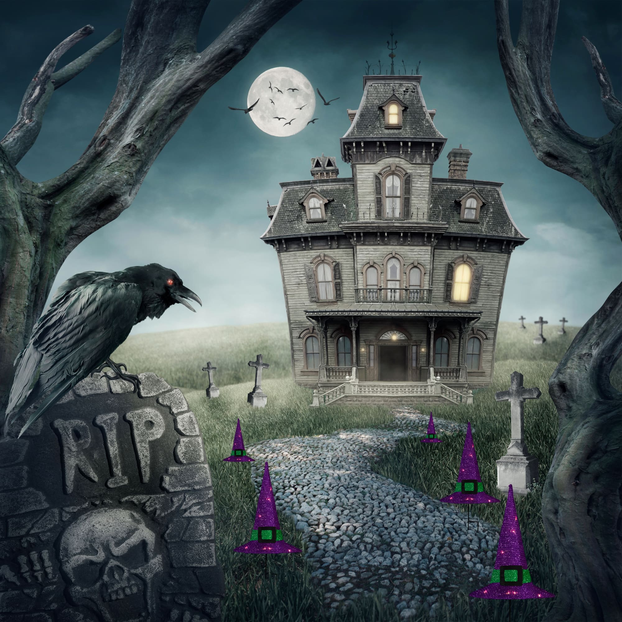 14" LED Lighted Purple Witches Hat Outdoor Halloween Pathway Markers, 3ct.