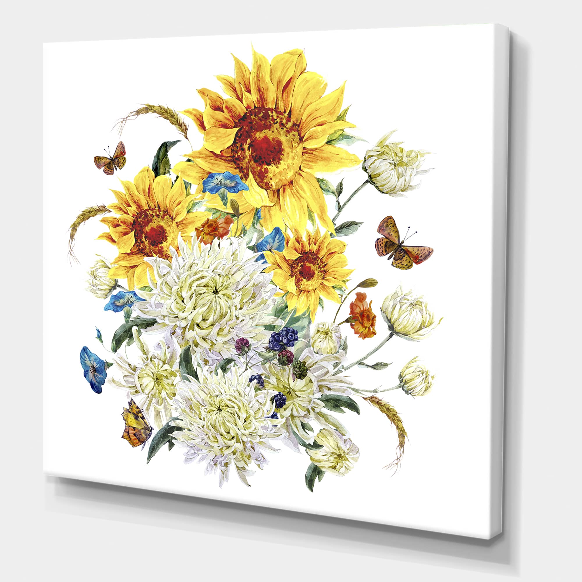 Designart - Vintage Chrysanthemums and Sunflowers - Traditional Canvas Wall Art Print