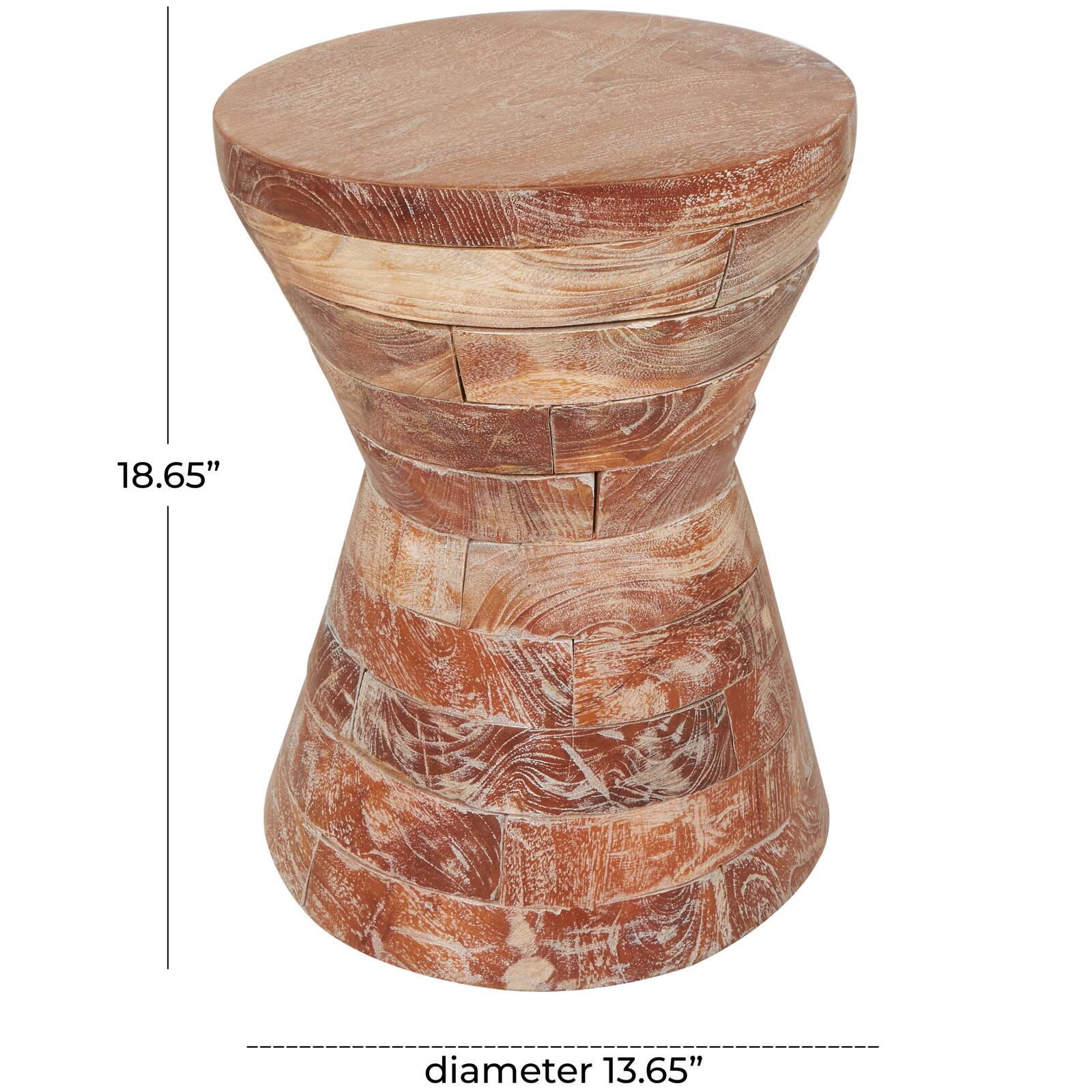18.5" Brown Teak Wood Handmade Hourglass Accent Table with Stacked Wood Pieces