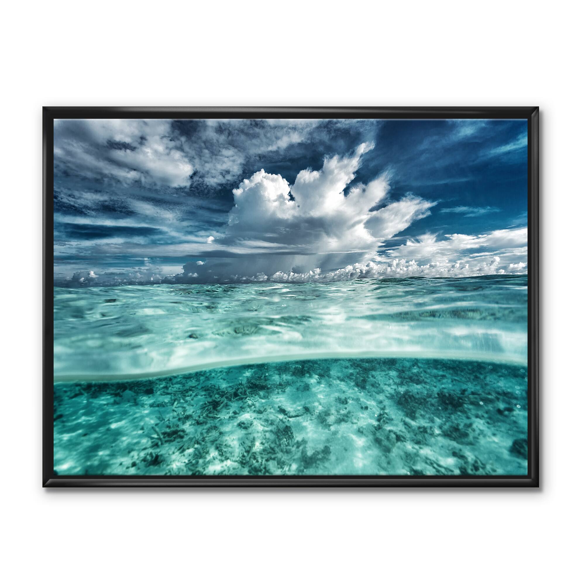 Designart - Amazing Underwater Seascape And Clouds - Nautical &#x26; Coastal Canvas Wall Art Print in Black Frame