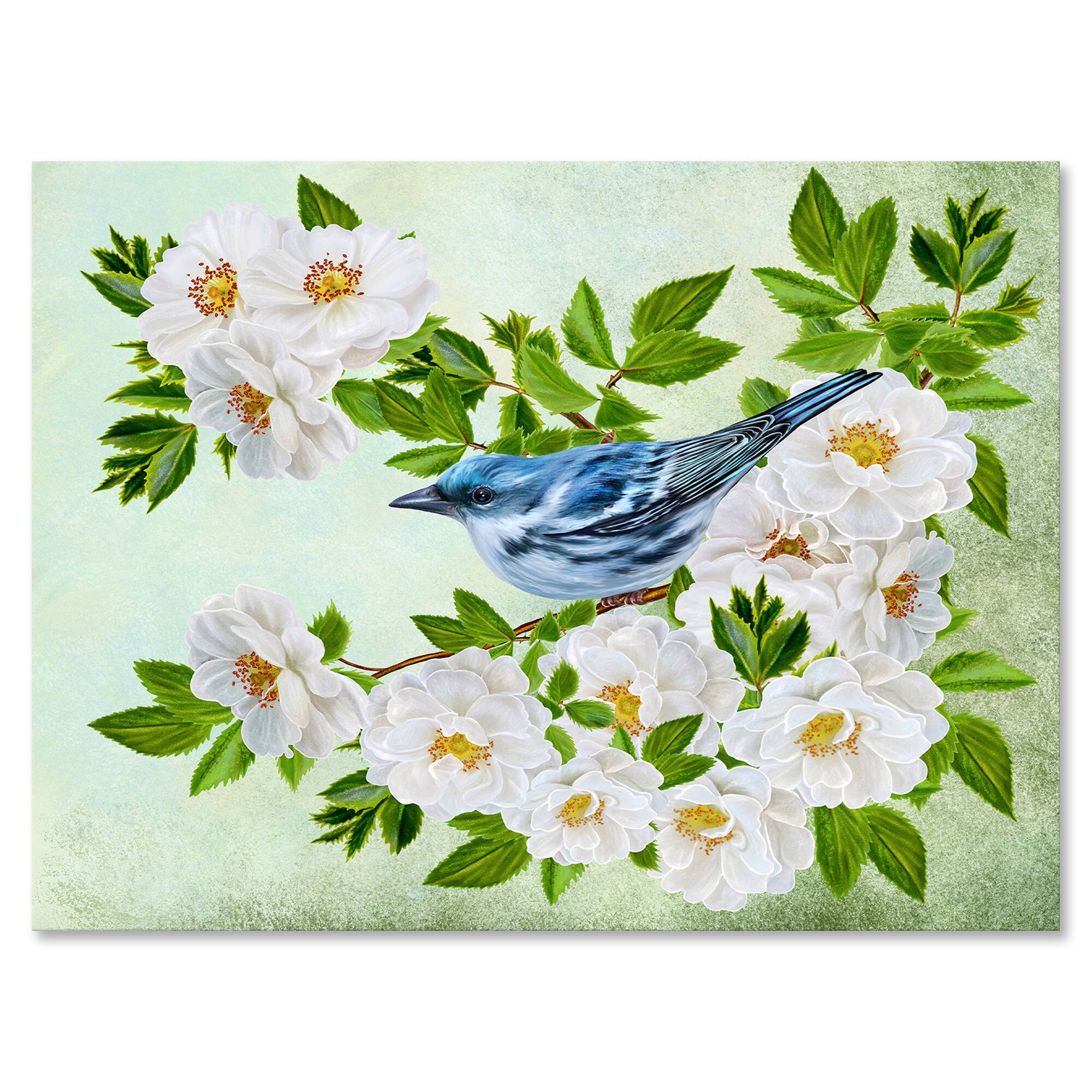Designart - Little Blue Bird Sitting On A Branch of White Rose - Traditional Canvas Wall Art Print