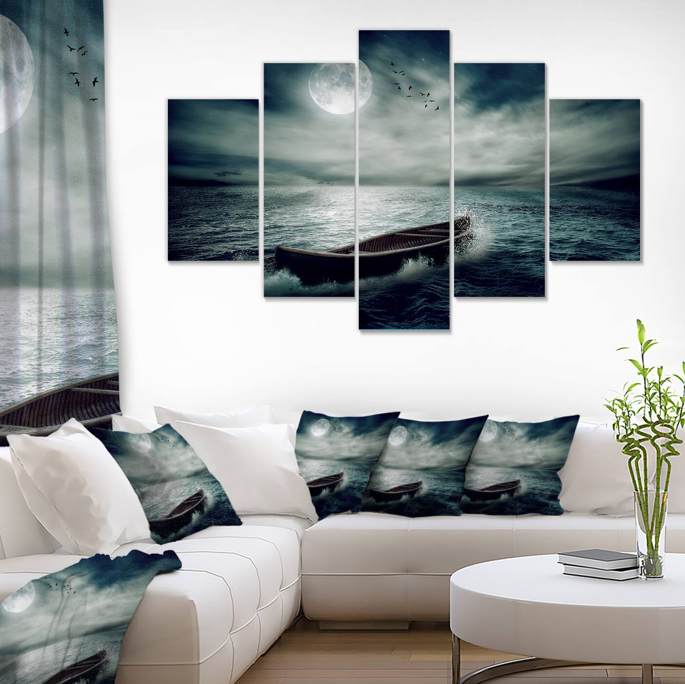 Designart - Boat Drifting Away After Storm - Large Seashore Canvas Art Print