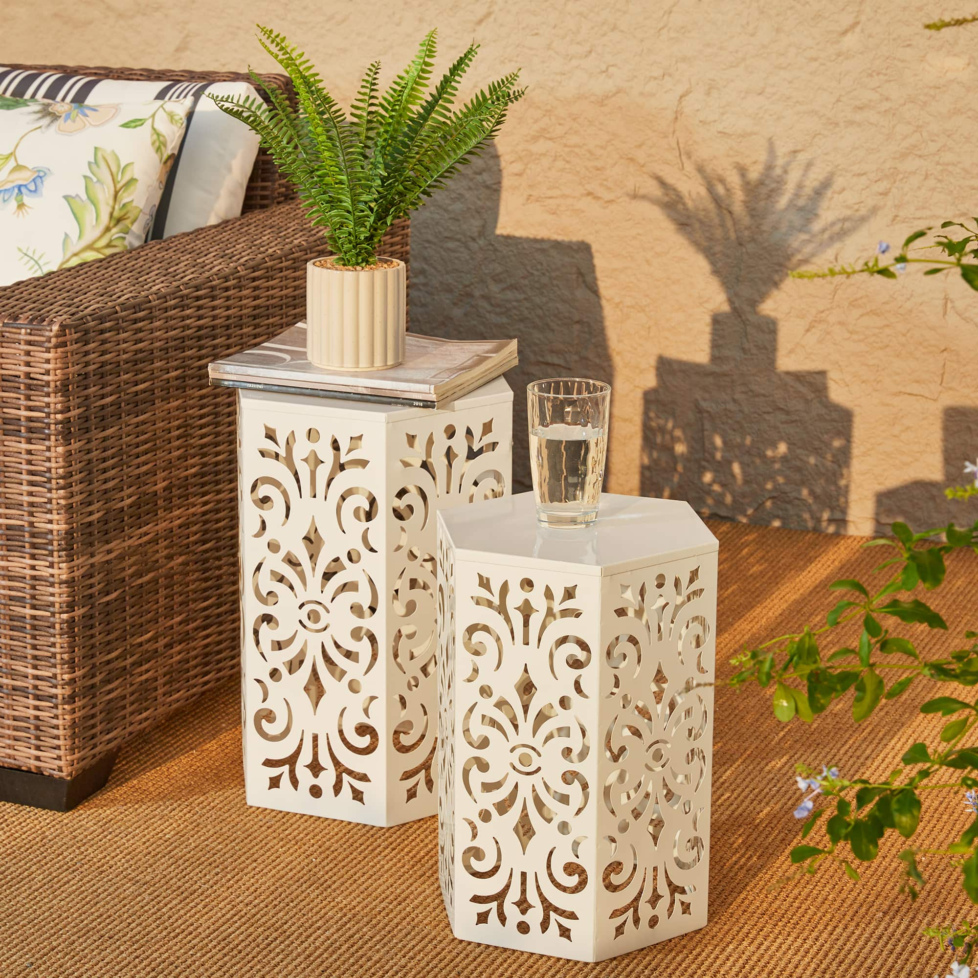 Glitzhome&#xAE; White Floral Motif Hexagonal Garden Stool Set