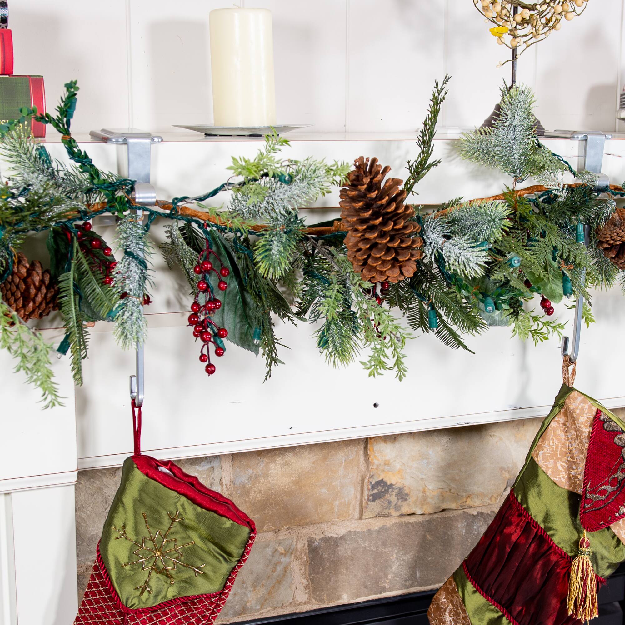 Silver Mantel Garland &#x26; Christmas Stocking Holder, 2ct.