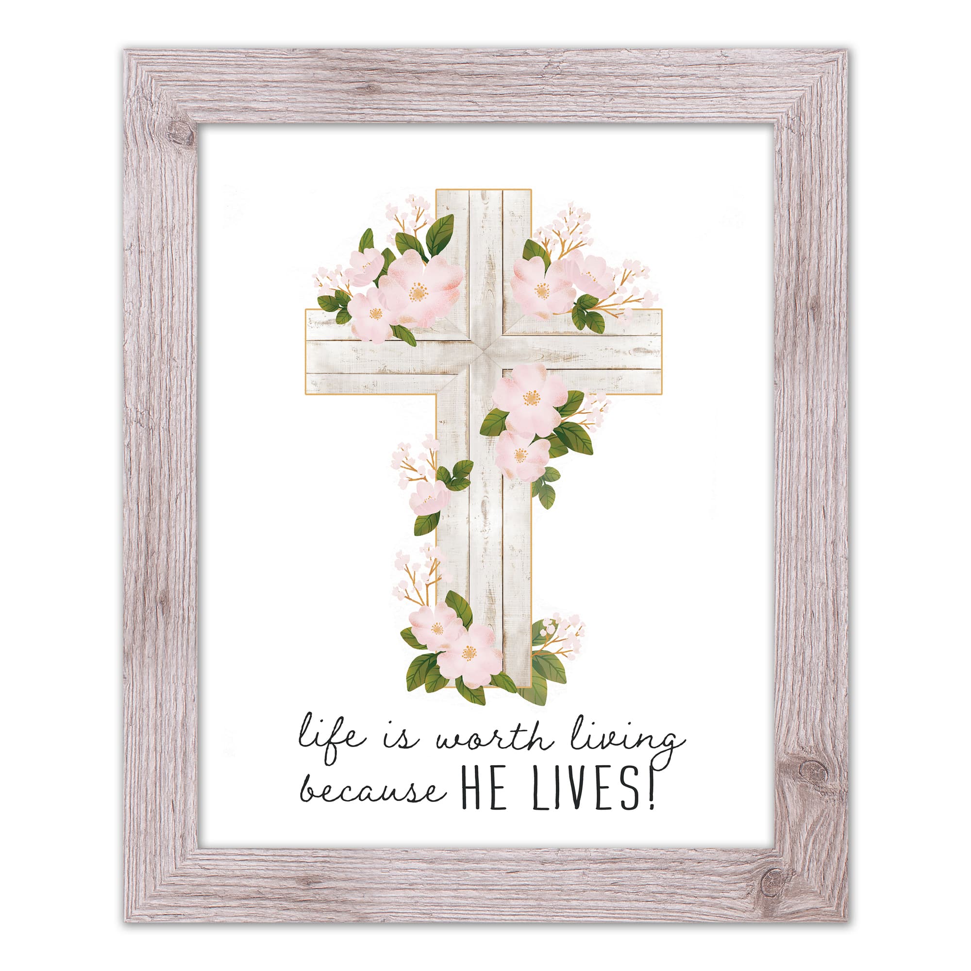 He Lives Floral Cross 16&#x22; x 20&#x22; Western White Framed Print