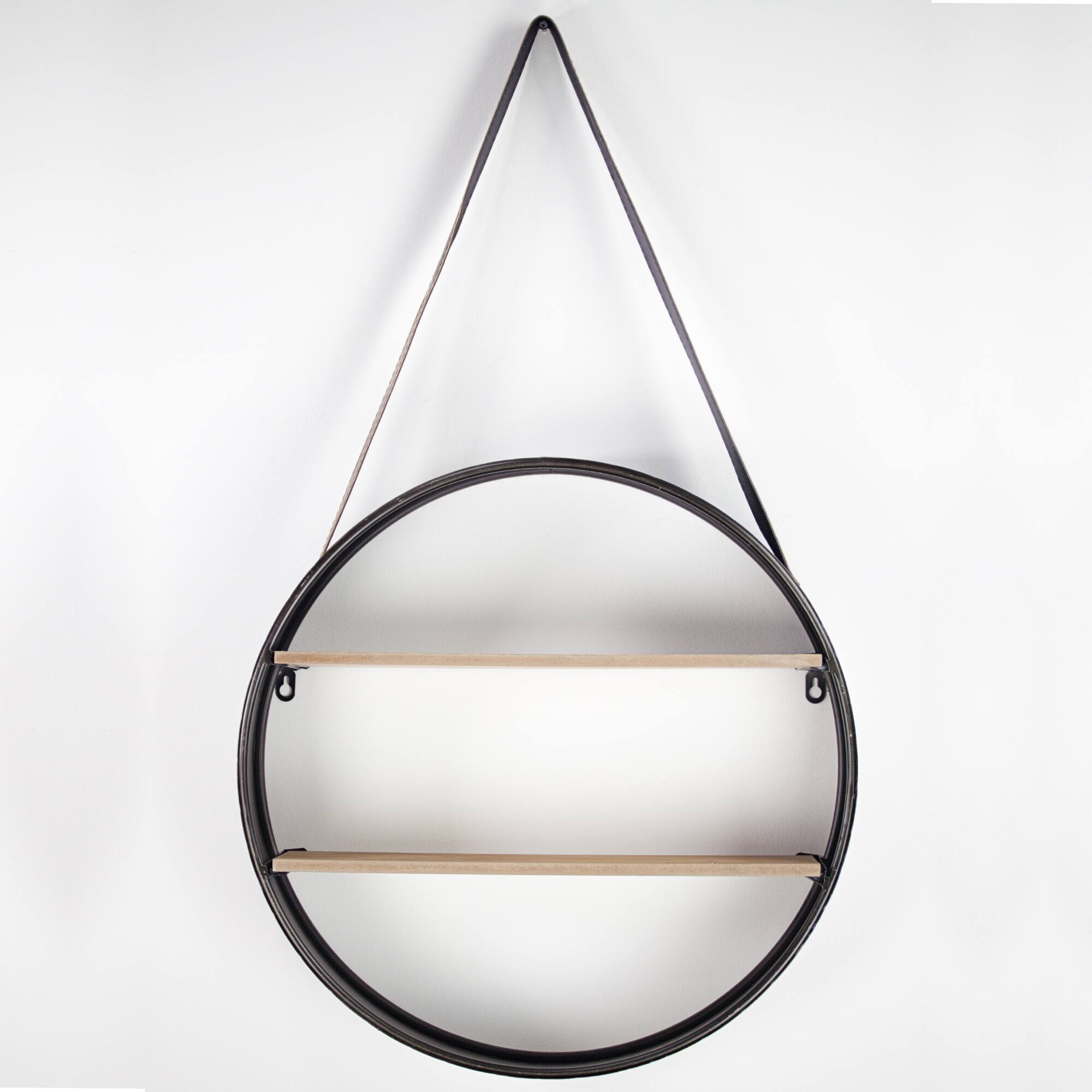33" Metal & Wood Round Hanging Wall Shelf With Strap