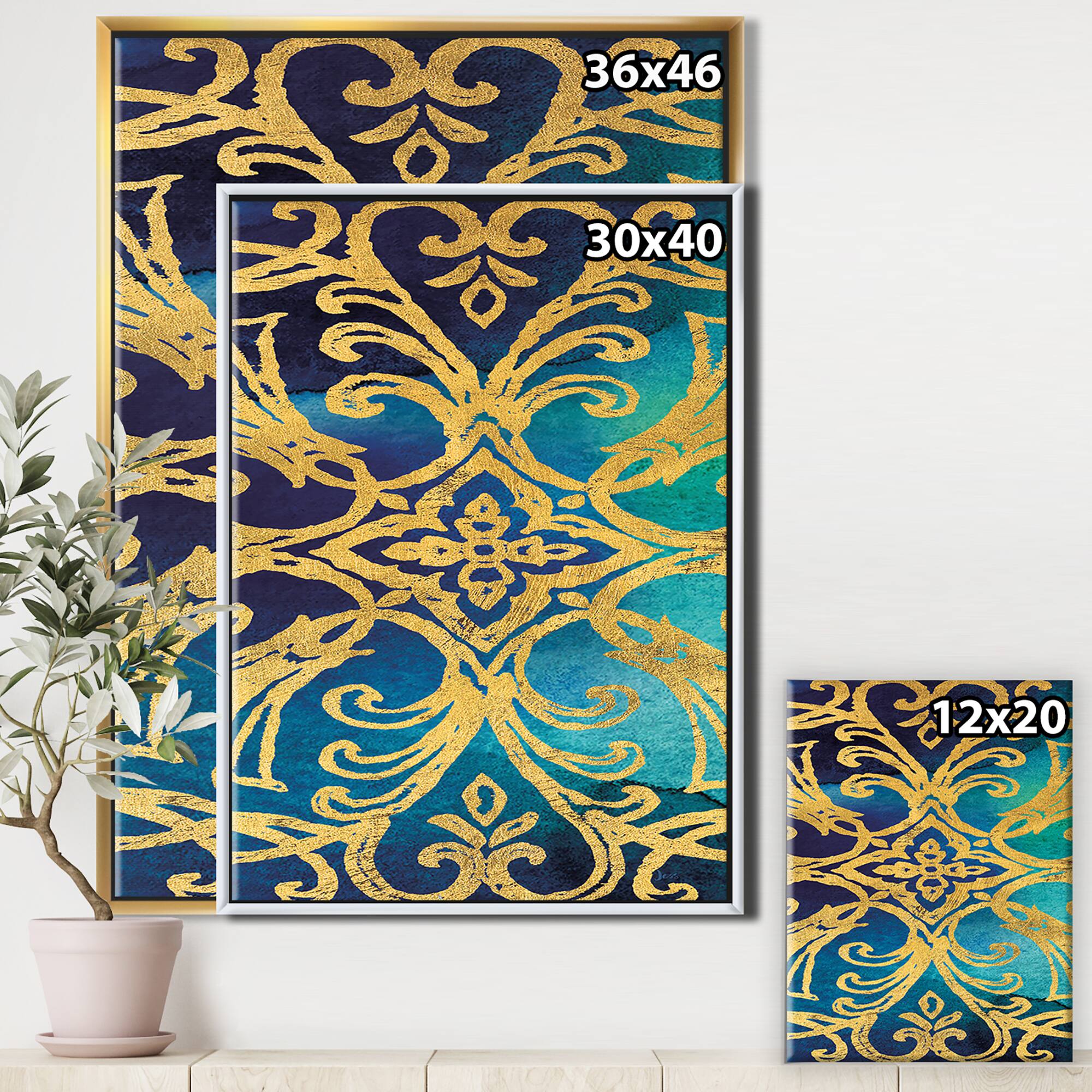 Designart - metallic Glam Indigo Form I - Transitional Canvas in Gold Frame