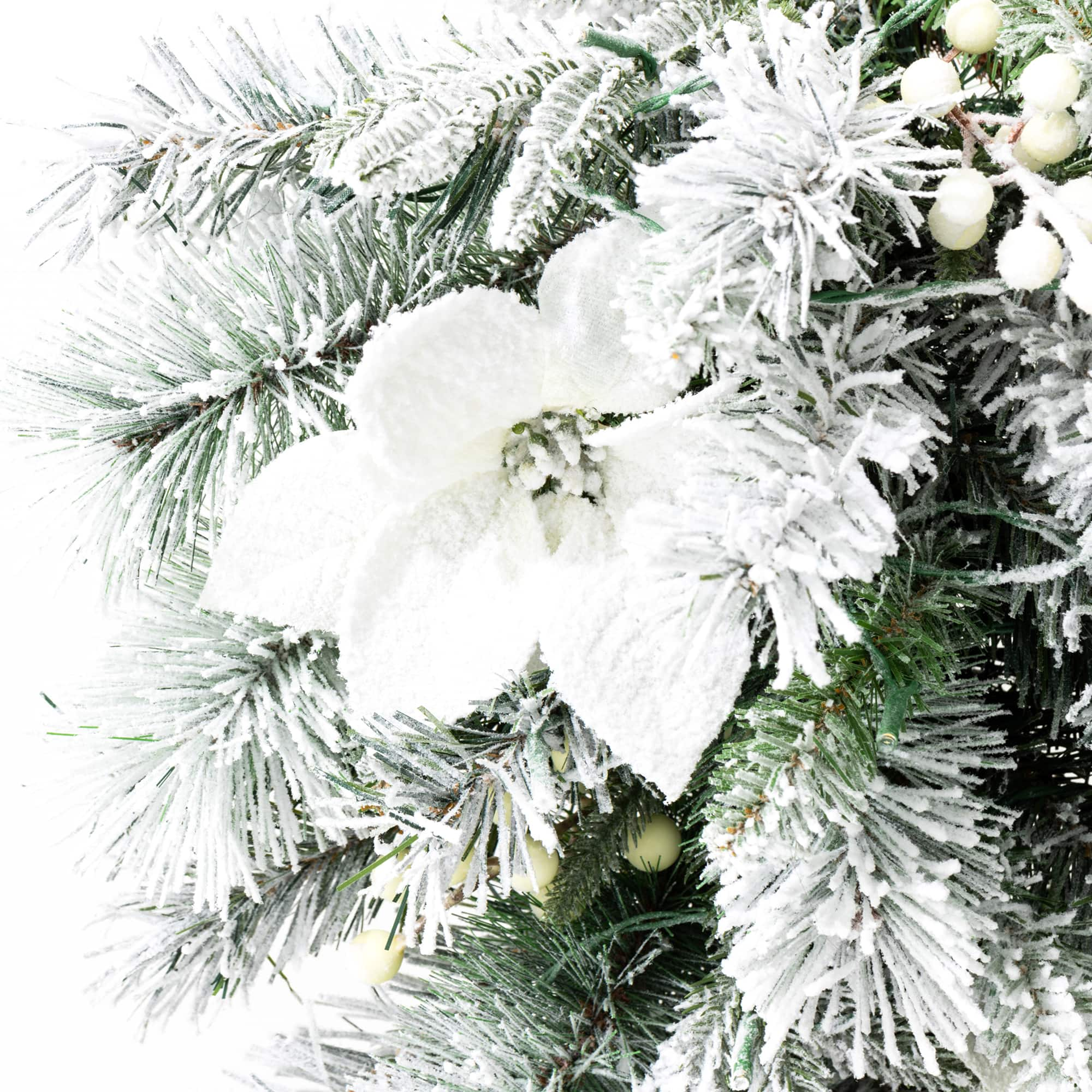 Glitzhome&#xAE; 36&#x22; Pre-Lit Flocked Greenery Pine White Poinsettia &#x26; Berry Christmas Teardrop with Timer