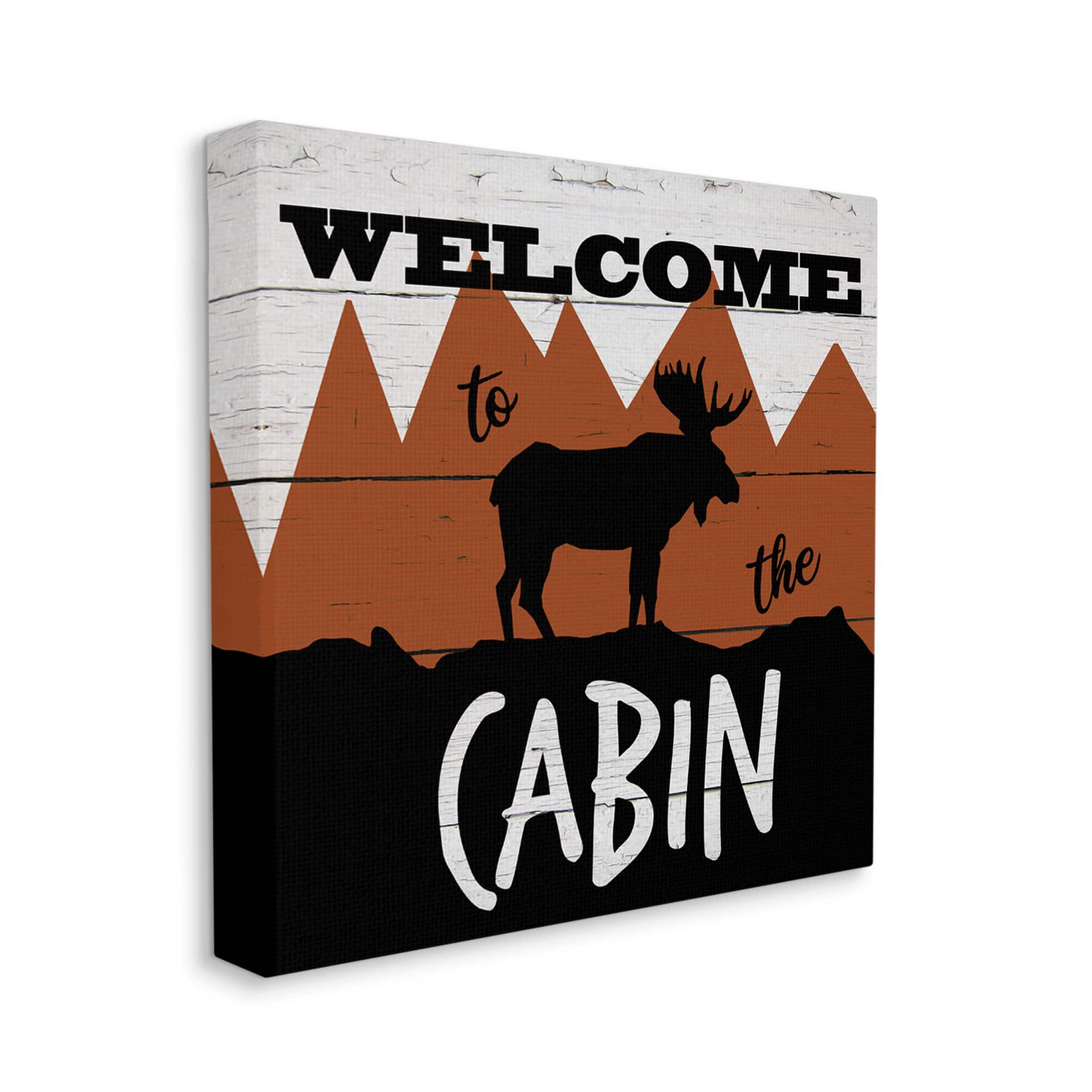 Stupell Industries Welcome To Cabin Phrase Rustic Moose Orange Mountains Canvas Wall Art