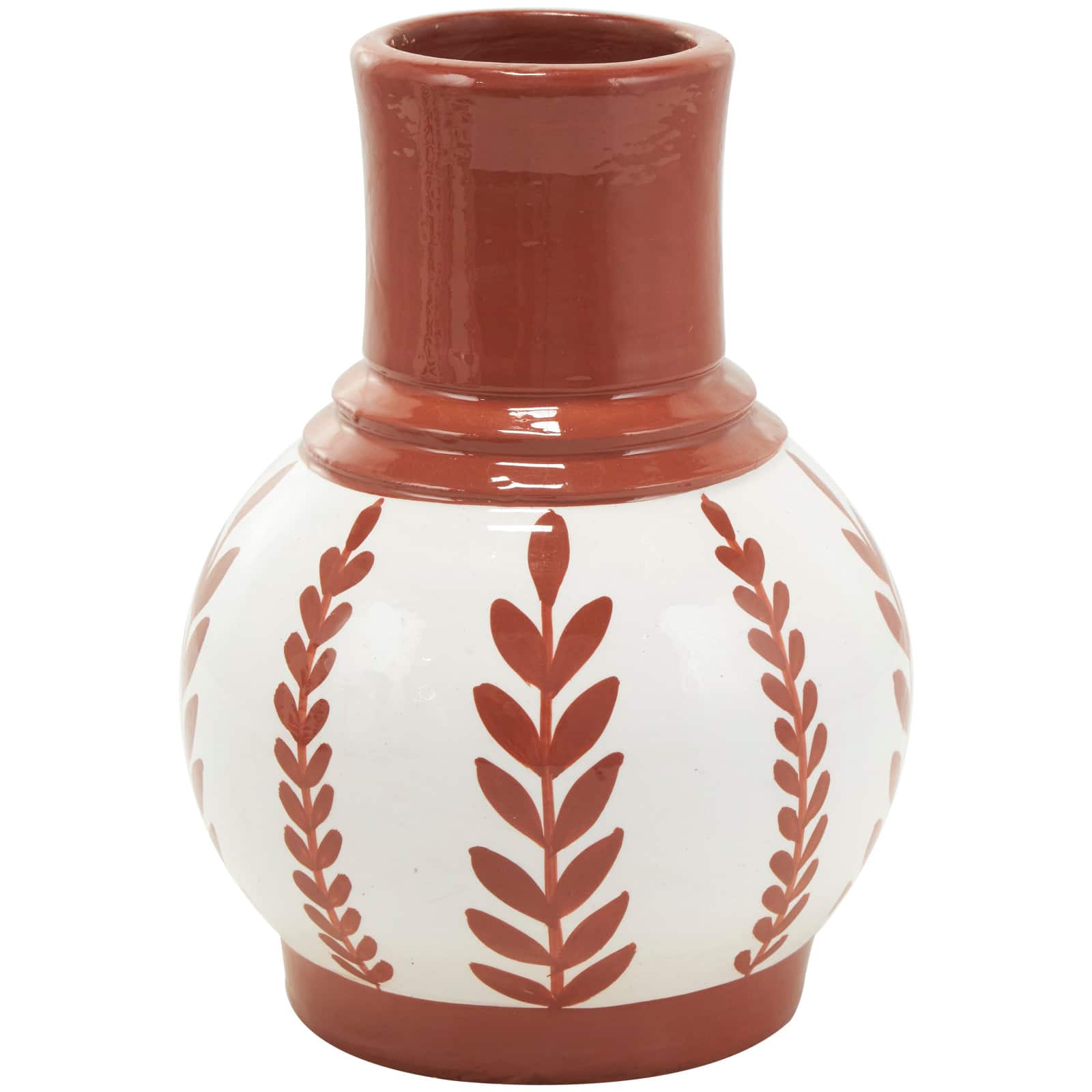 White Ceramic Floral Vase with Terracotta Colored Detailing Set