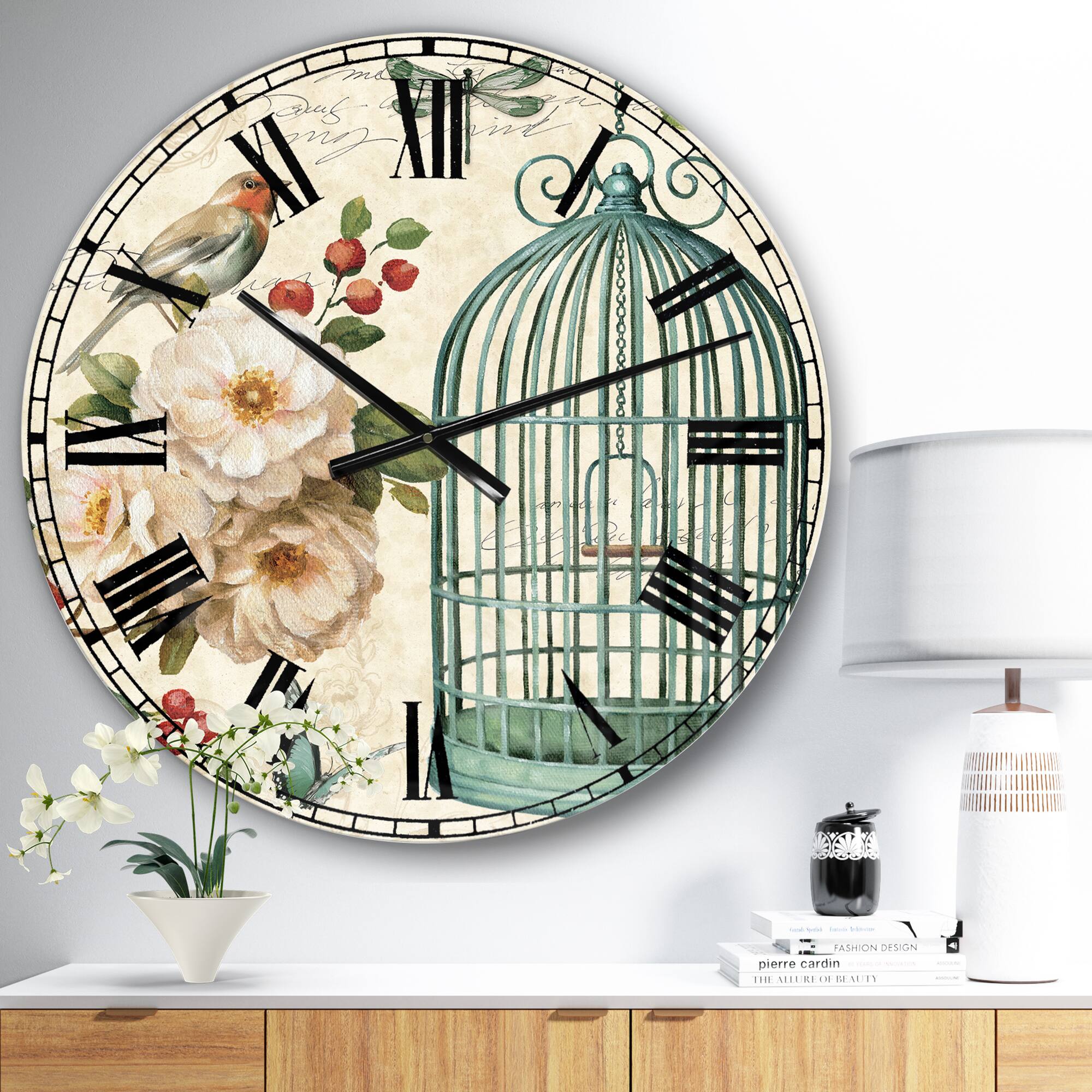 Designart Blue Cottage Bird, Birdcage &#x26; Apple Blossoms II Wall Clock