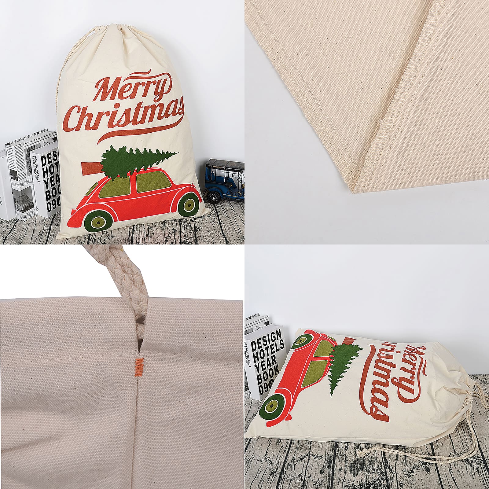 Personality Case&#x2122; 19&#x22; x 26&#x22; Merry Beatle Car Cotton Christmas Drawstring Bag