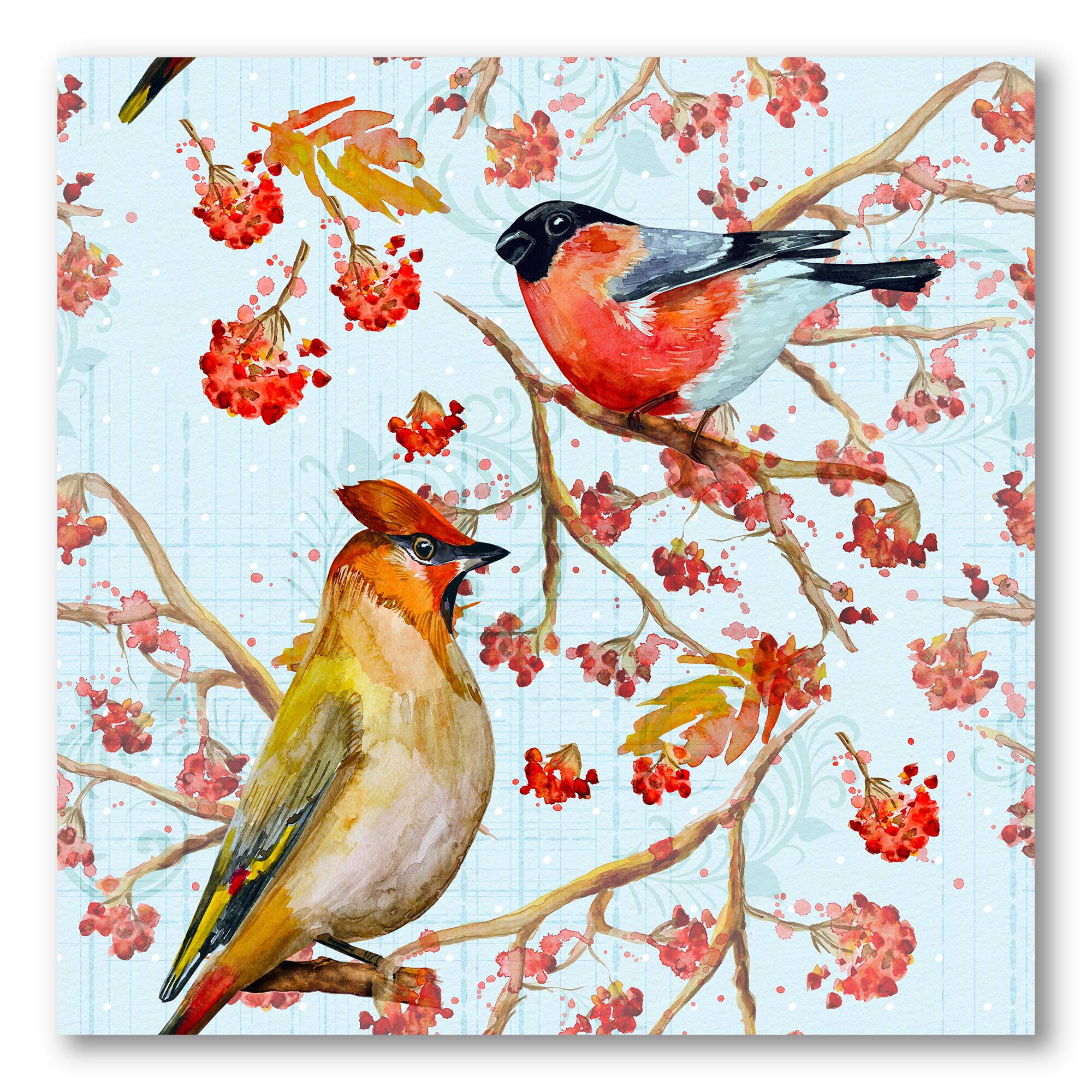 Designart - Two Birds On Branches During Autumn - Traditional Canvas Wall Art Print