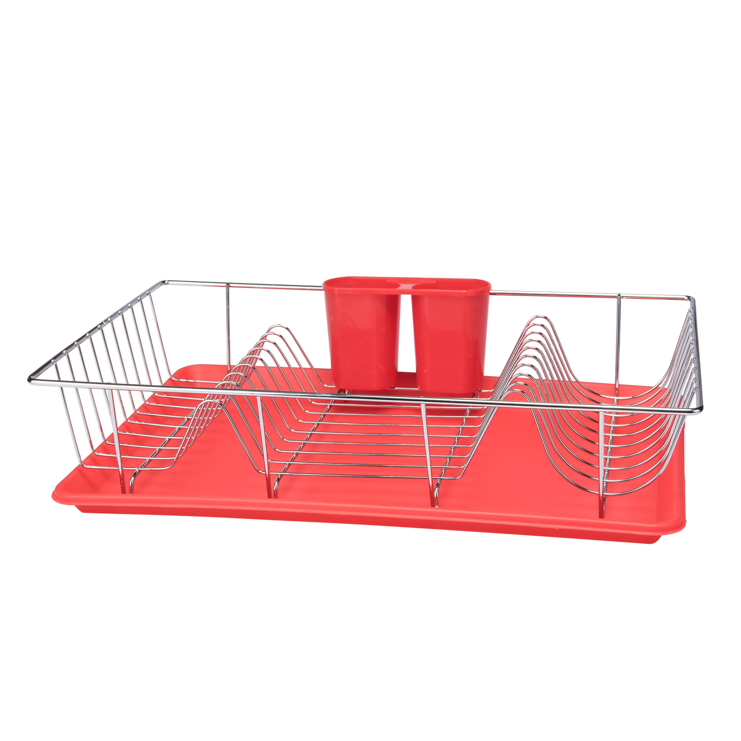 Kitchen Details Red 3-Piece Chrome Dish Rack with Tray