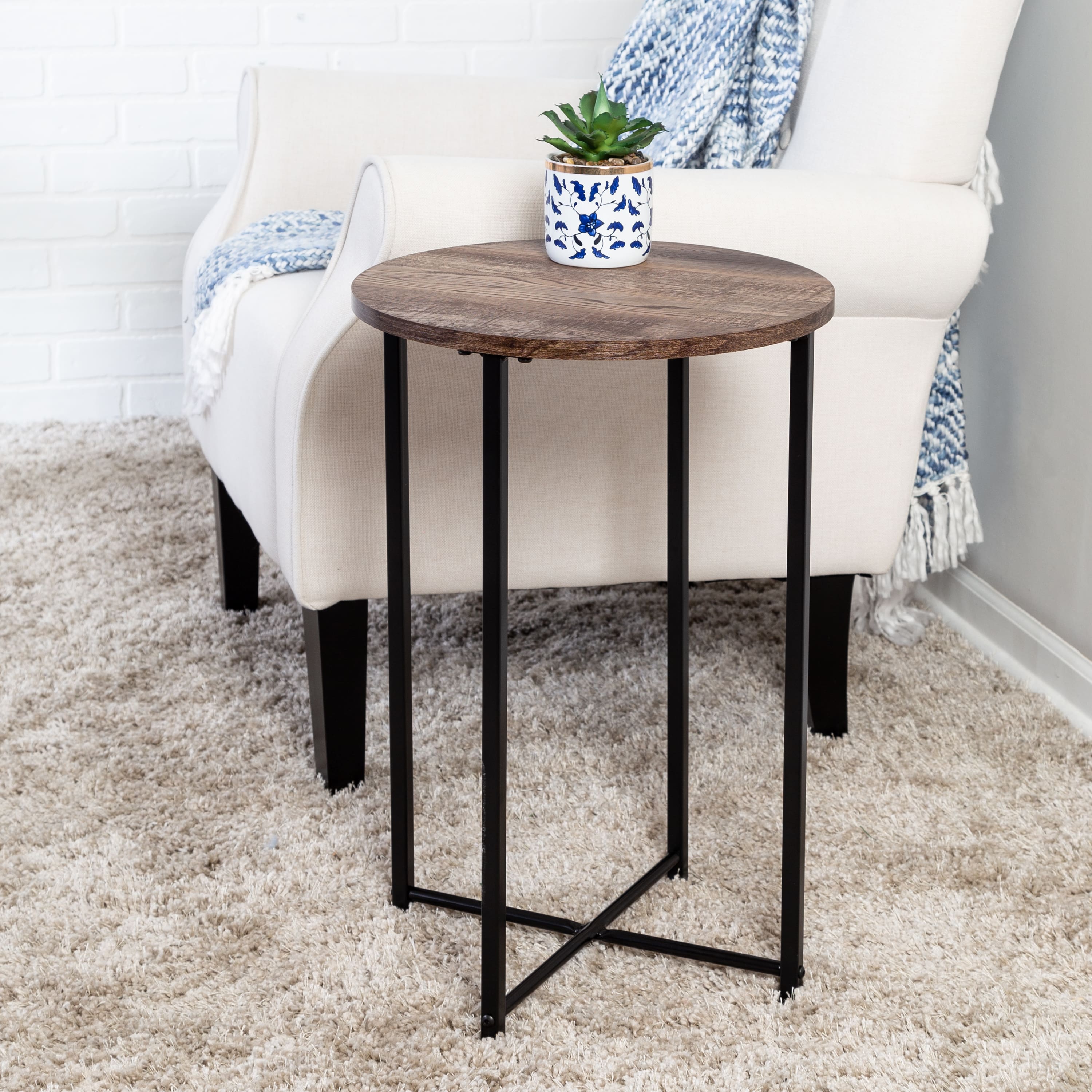 Honey Can Do Natural X-Pattern Base Round Side Table