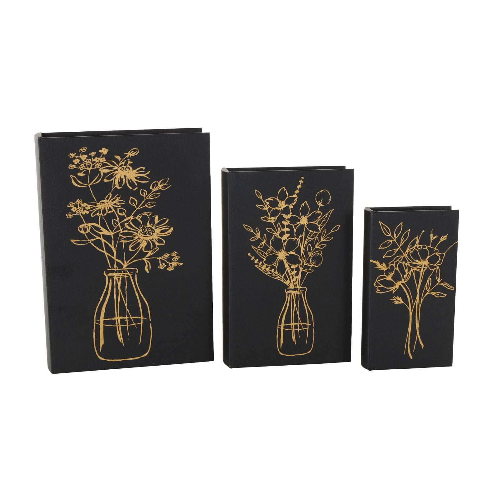 Black & Gold Faux Leather Floral Faux Book Storage Decorative Box Set