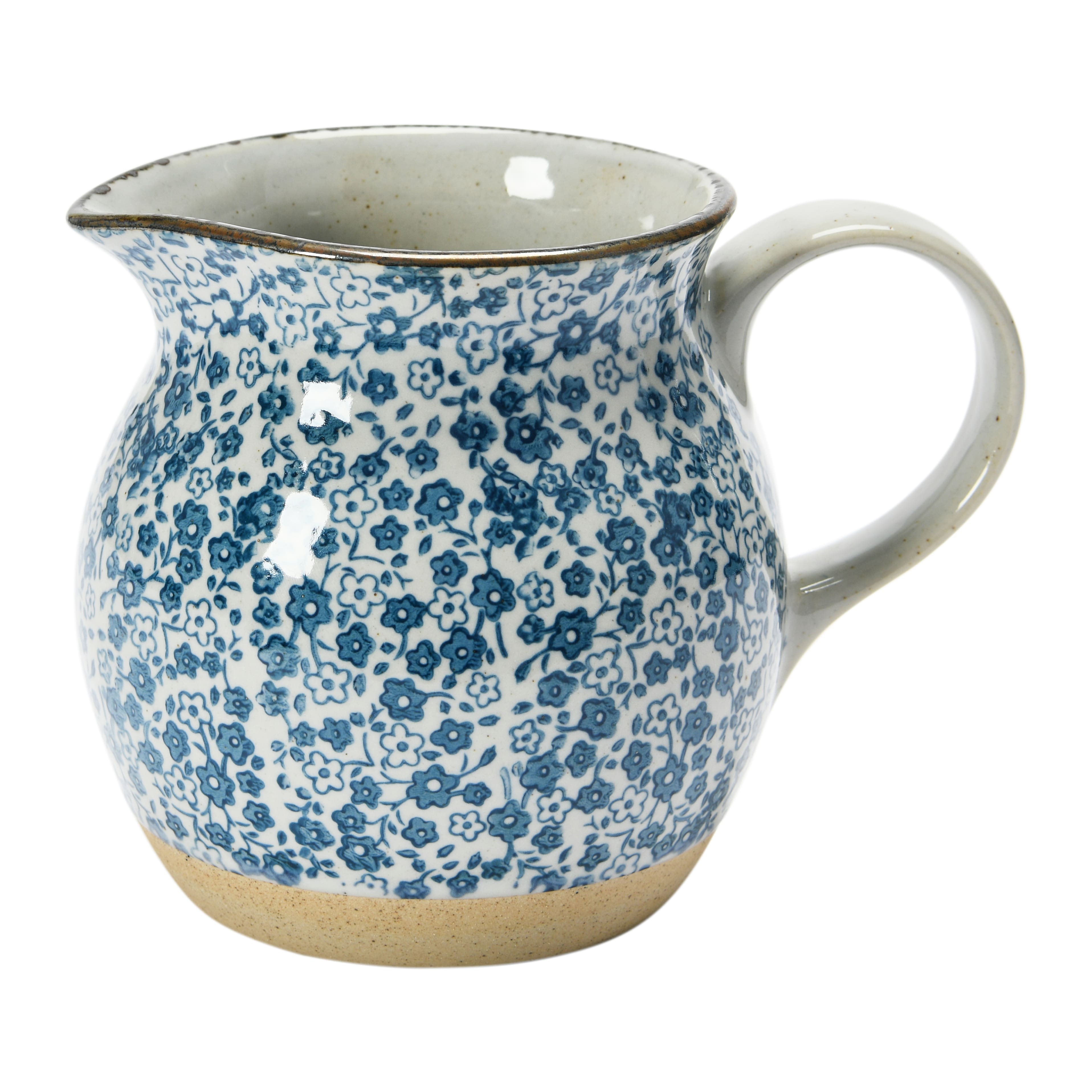 5.2&#x22; Blue &#x26; White Floral Hand-Painted Country-Style Stoneware Pitcher