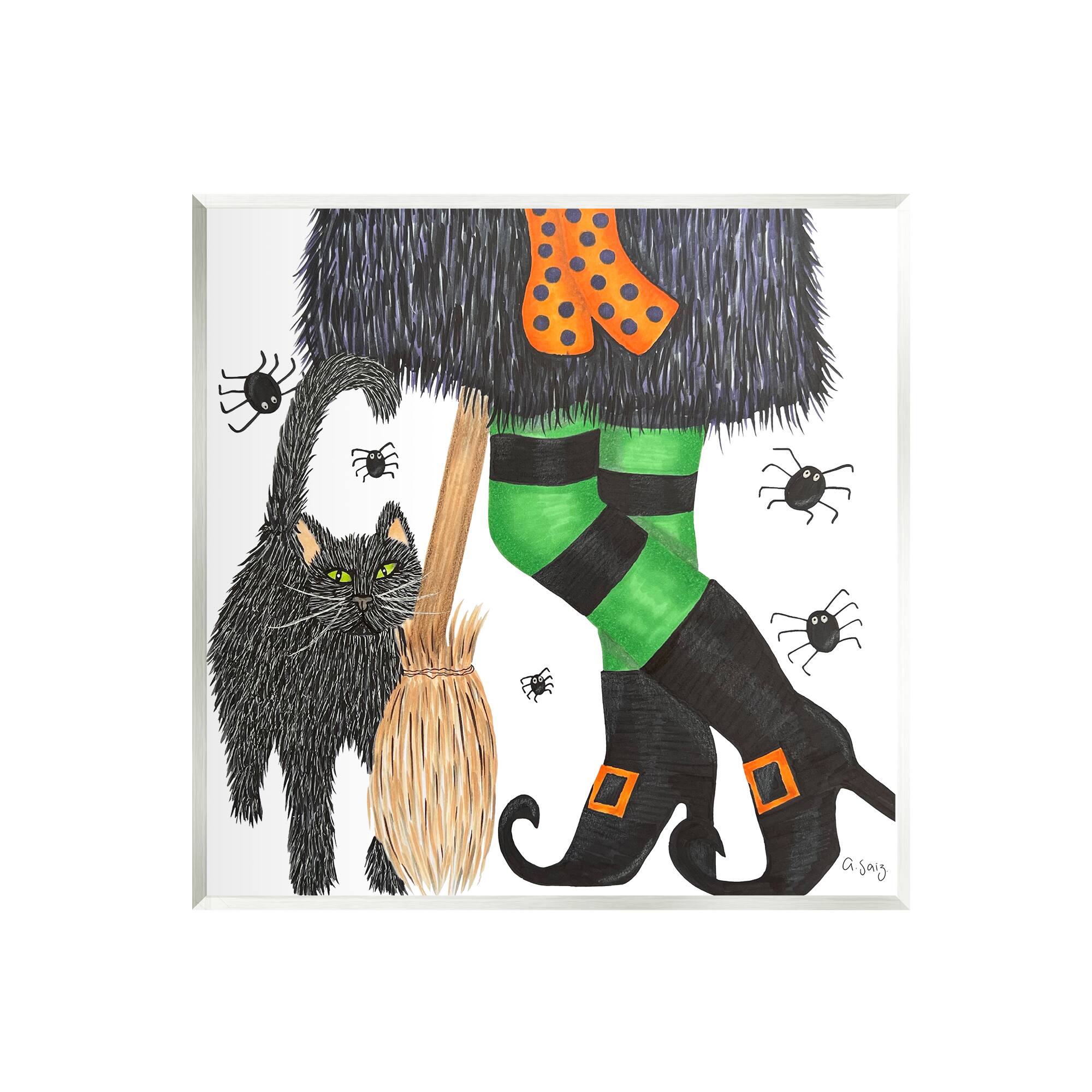 Stupell Industries Witch Broom Halloween Black Cat Wall Plaque Art